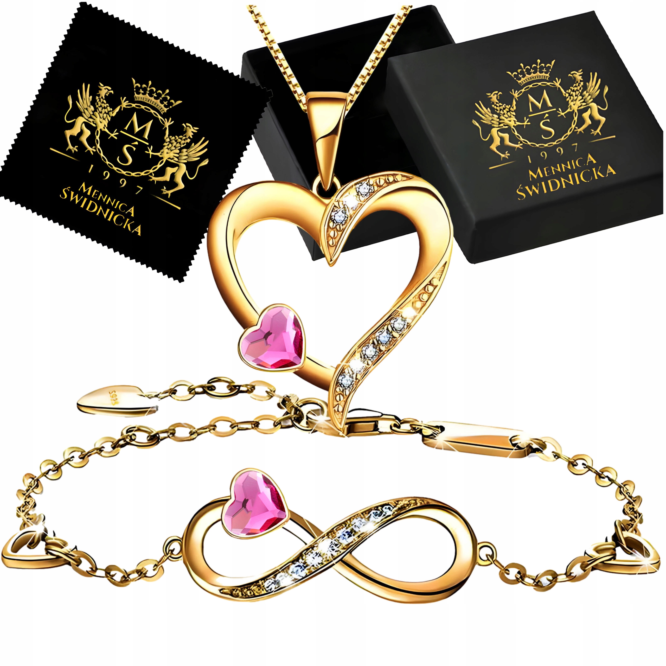 Zlatý komplet náhrdelníku ve tvaru srdce a náramku se symbolem Infinity