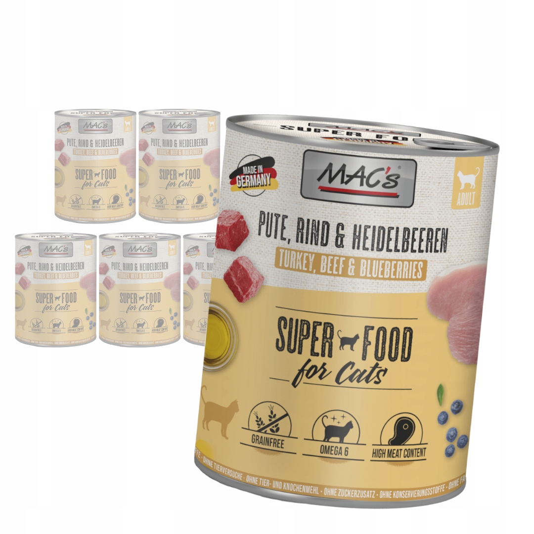 Levně MAC's 6x800g Bezobilné Mokré Krmivo Pro Kočky Krůta Hovězí borůvky