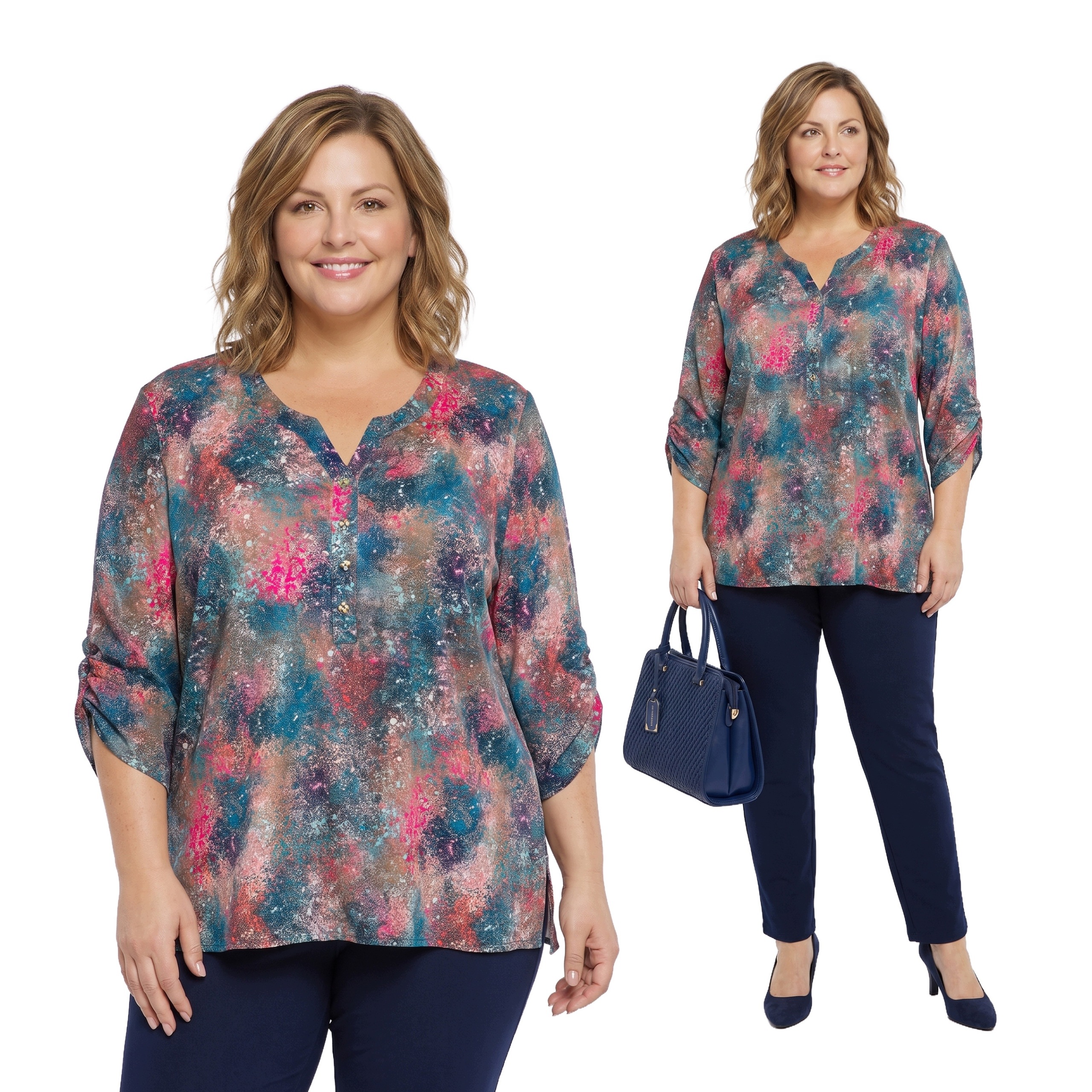 Teplá halenka s zeleno-růžovými vzory plus size velikost 52