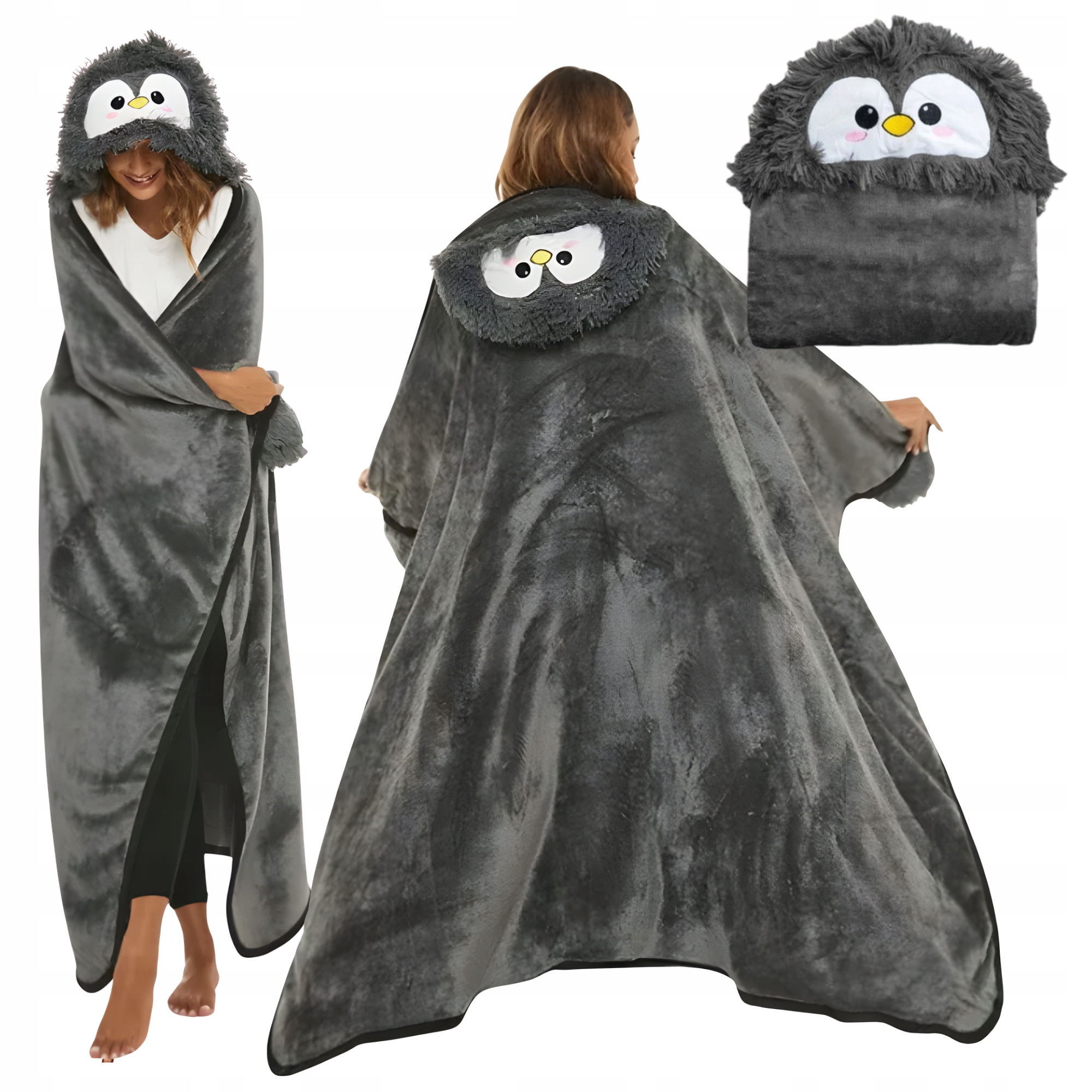 Deka S Kapucí A Rukávy, Teplá Na Dárek , Dárek, Grafitová Deka S Tučňákem