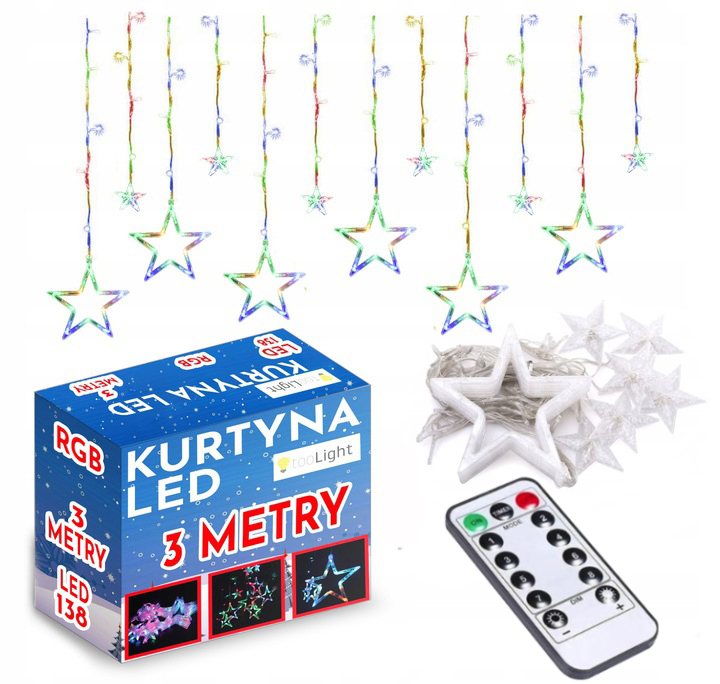 KURTYNA LED GWIAZDY WISZĄCE GIRLANDA KOLOR +PILOT