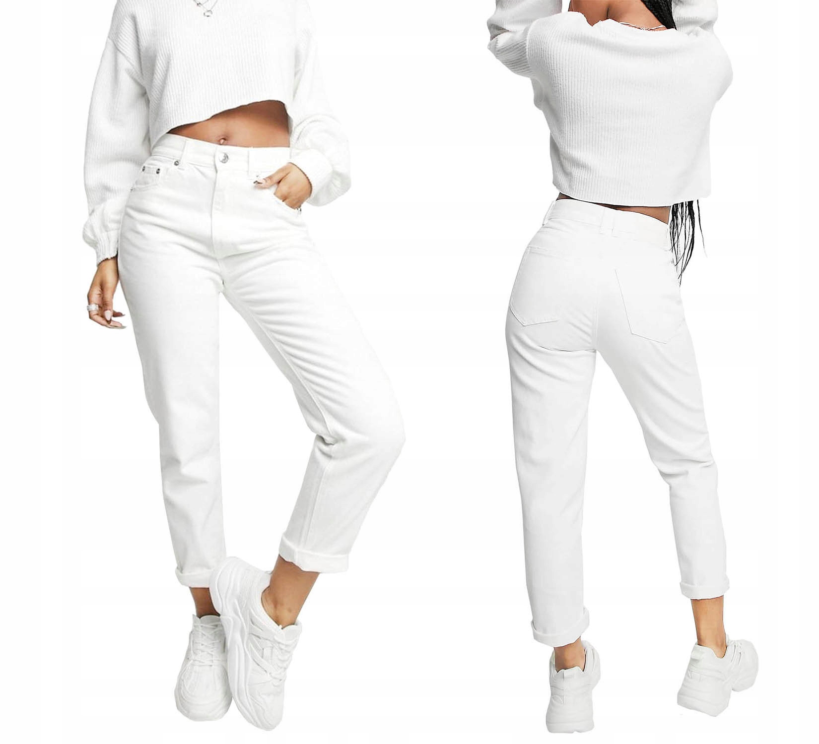 Damskie Spodnie Mom Fit Jeansy Białe Wysoki Stan Luźne Nogawki Plus Size