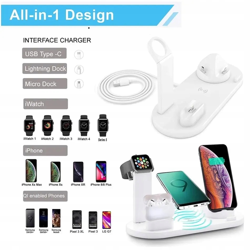 5v1 Bezdrátová Bílá Nabíjecí Stanice Pro Iphone Apple Watch Airpods