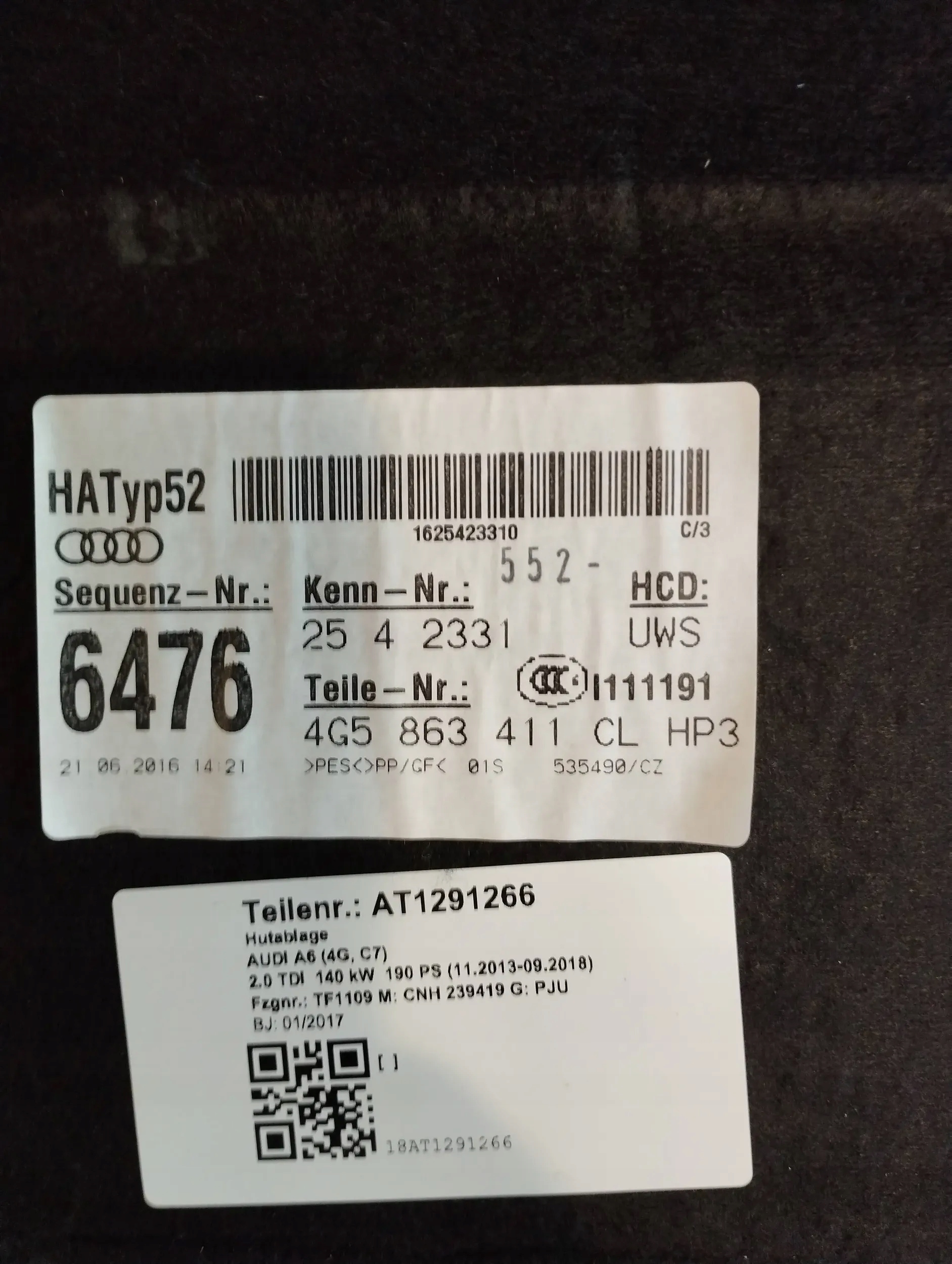 Audi A6 C7 Sedan Abdeckung, Hutablage heck 4G5863411CL