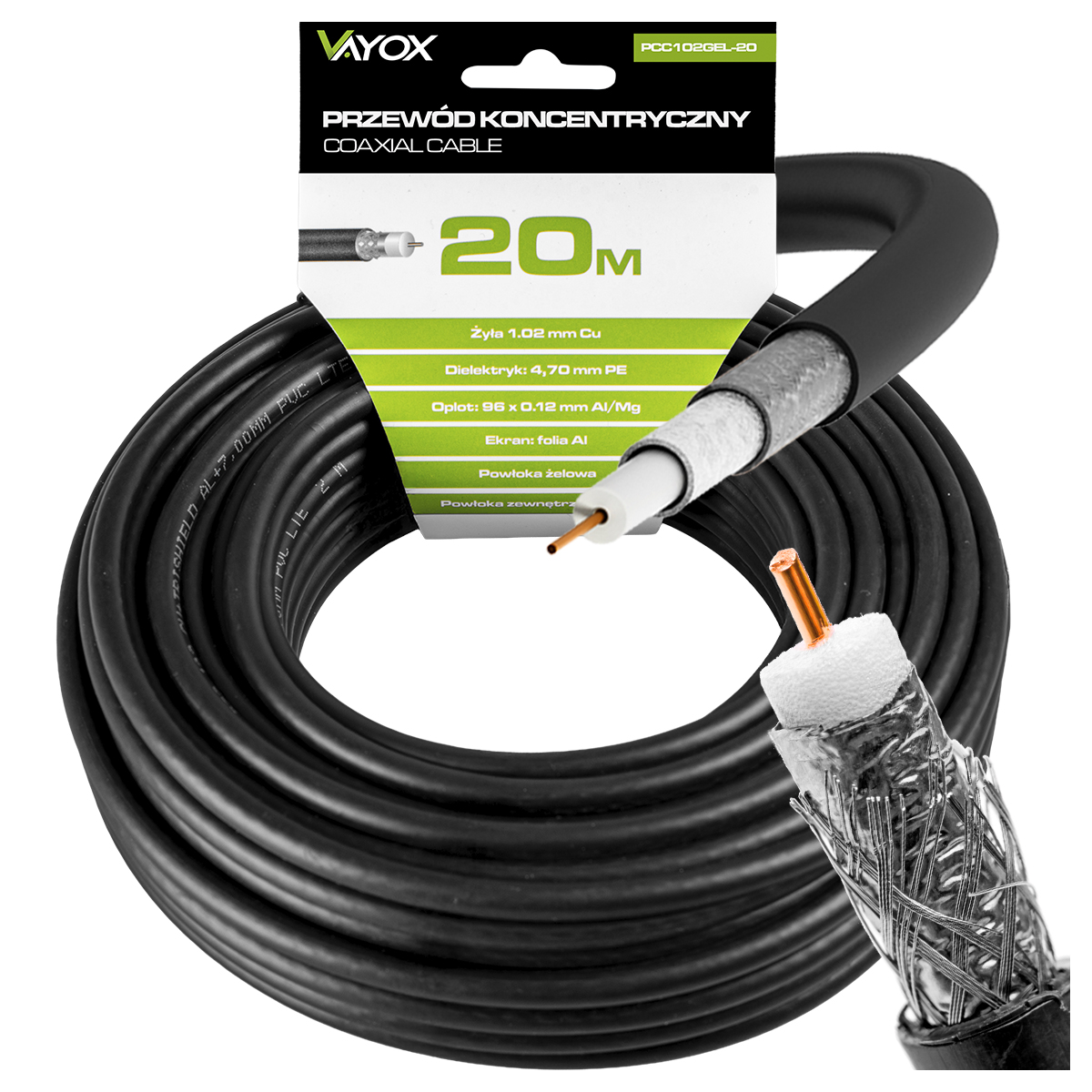 Kabel Antenowy Koncentryczny Czarny Żel Cu Przewód Zewnętrzny Ziemny 4K 20M