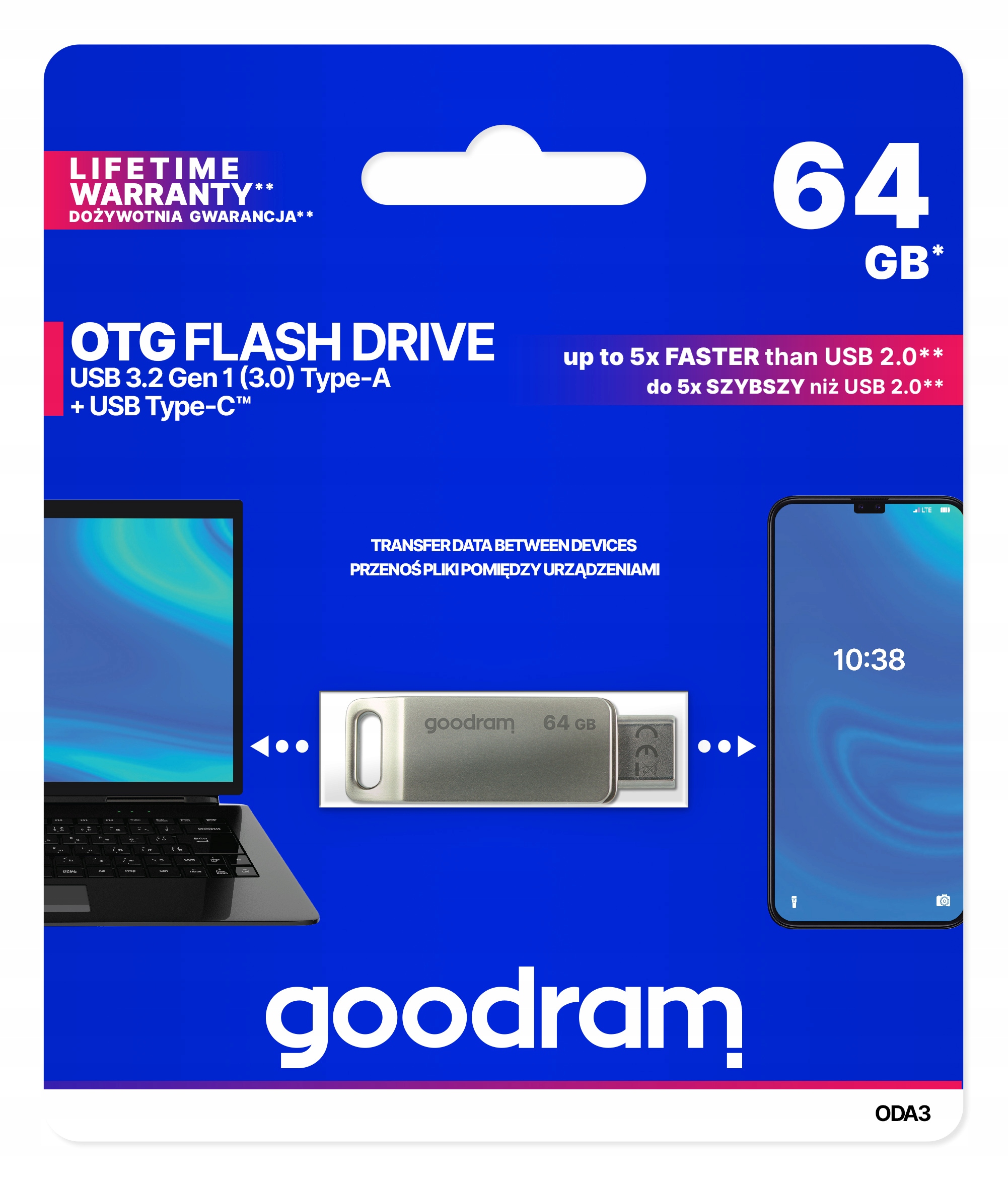 Pendrive GOODRAM 64 GB ODA3 USB 3.2 Dual Drive Pojemność 64 GB