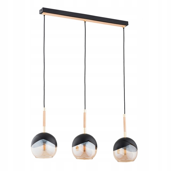Trojitá závesná lampa čierna, zlatá, sklenené jantárové gule 70 cm Alfa