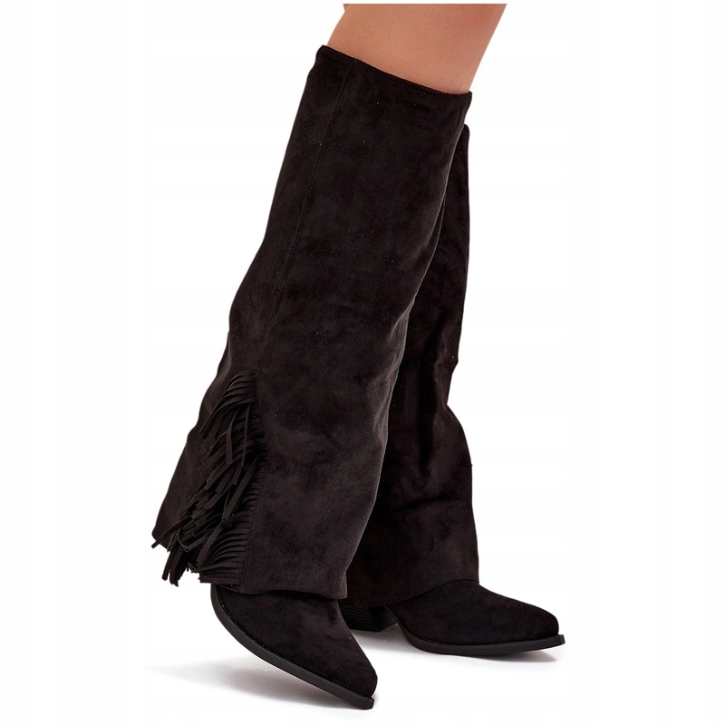 Kozačky Kovbojské Boty Dámské Eko Semiš Třásně Nazouvací Sloupek Černé 40