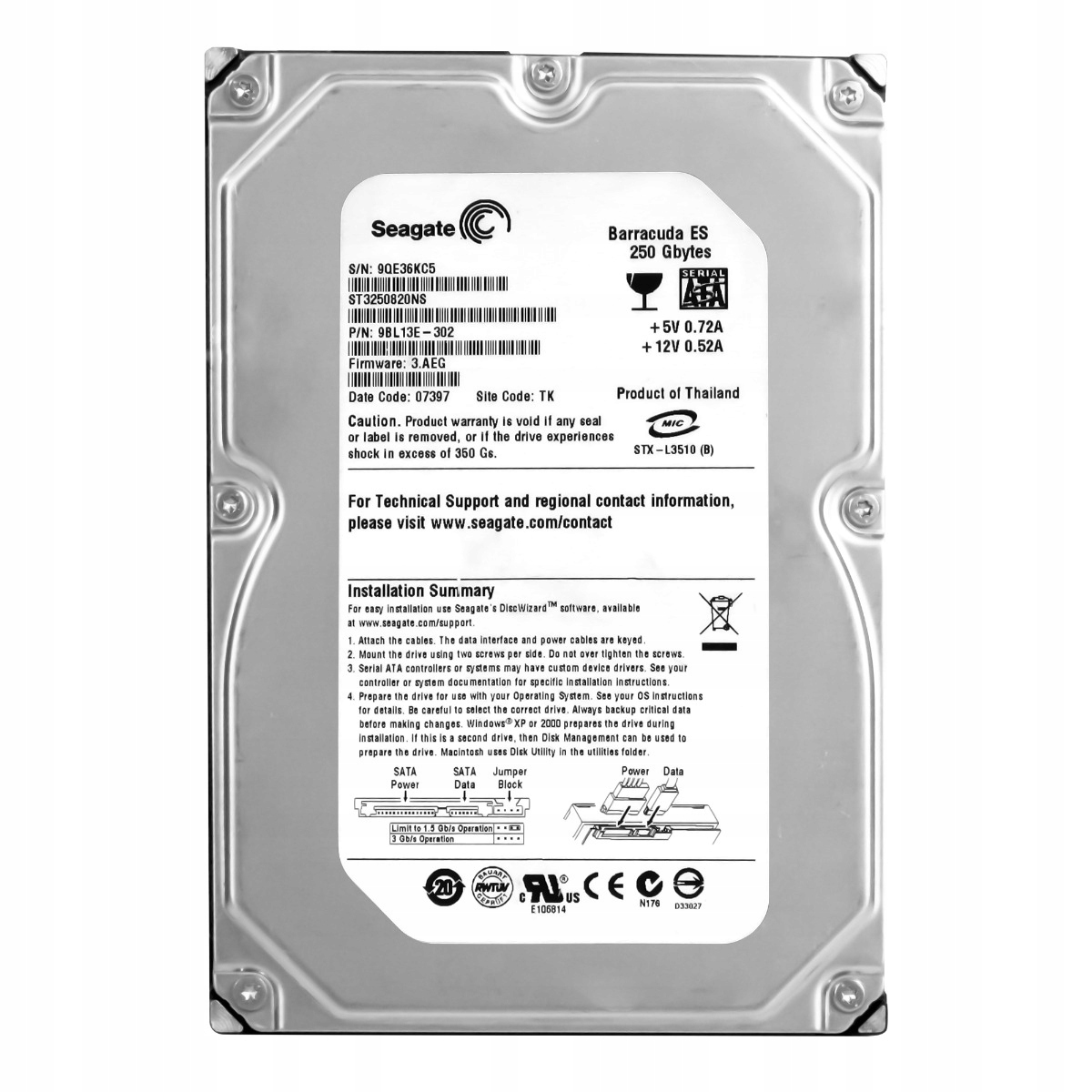 Seagate Barracuda Es 250GB 7.2K 8MB Sata II 3.5'' ST3250820NS