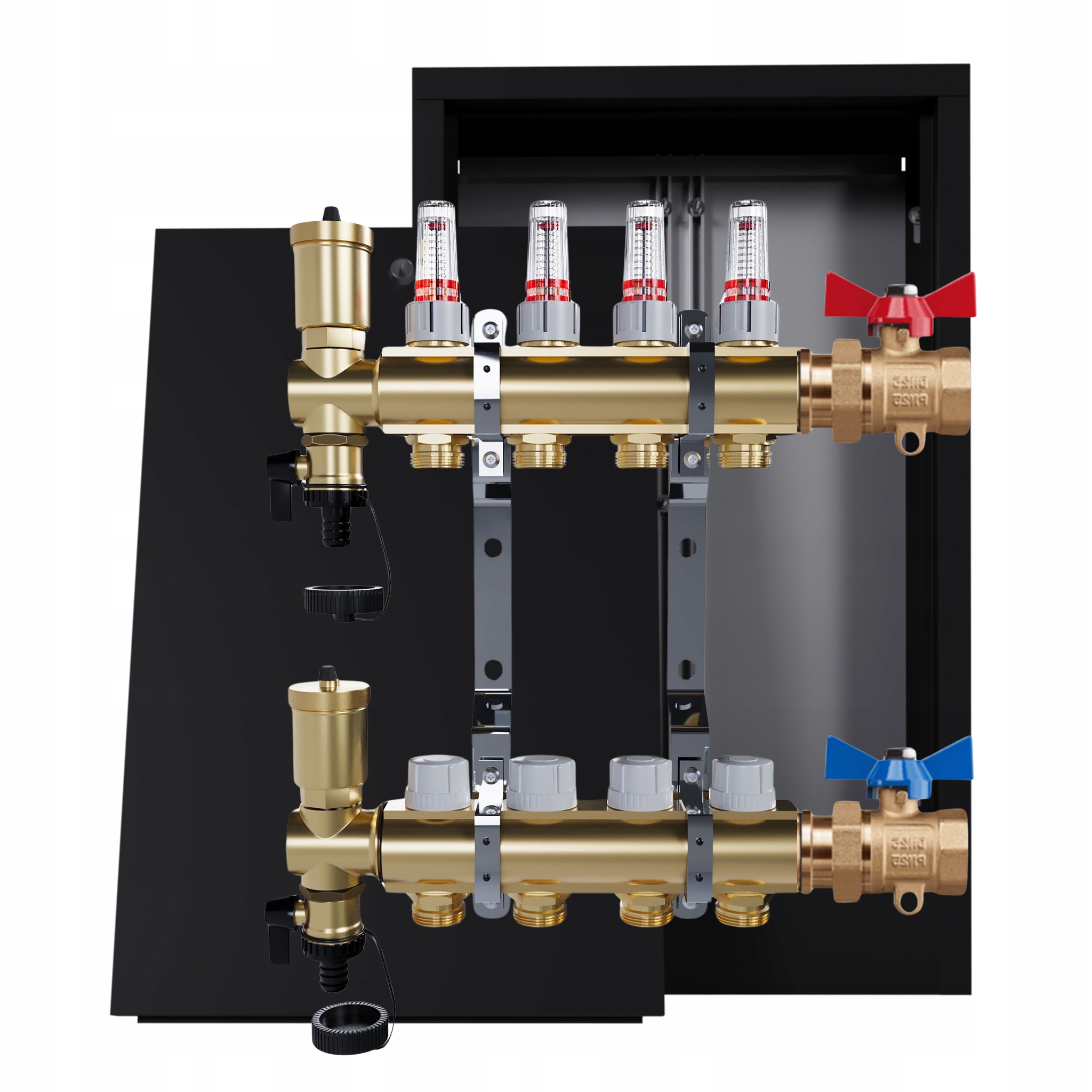 Rozdělovač podlahových krytin mosazný 4 okruhy černá skříňka jednoduchý ventil