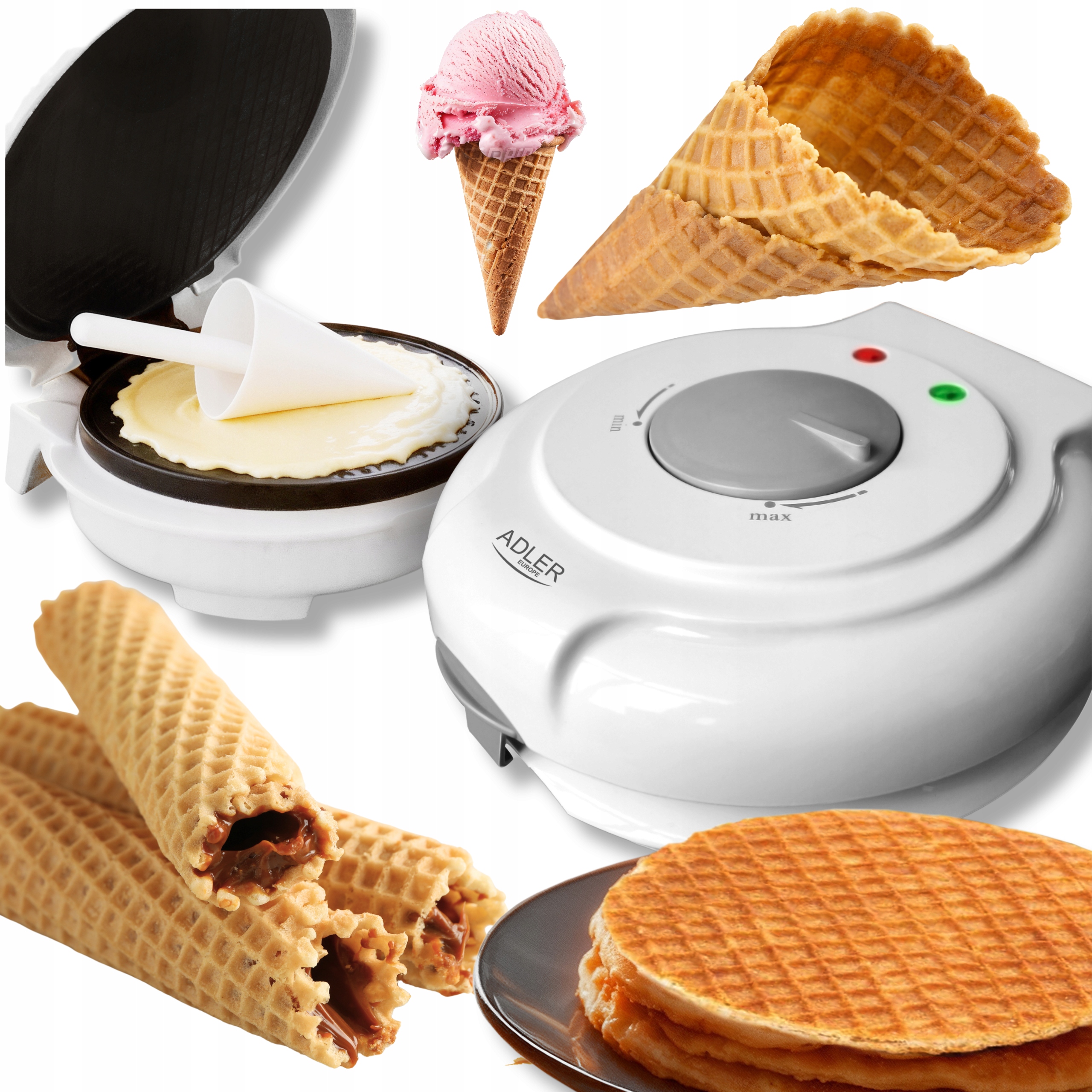 Wypiekacz do wafli rurek rożków miseczek nieprzywierające płyty mocny 1500W