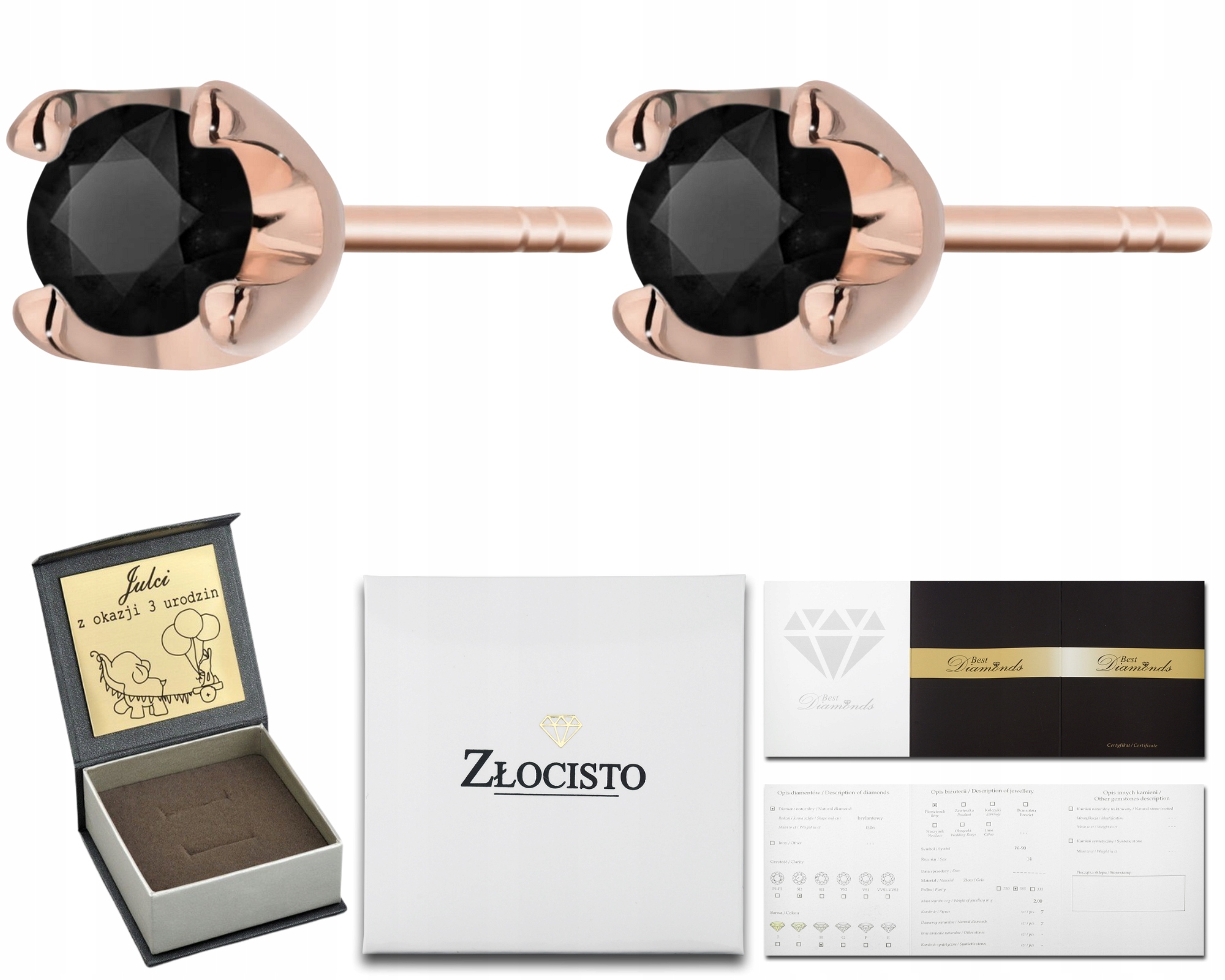 Růžové Zlato Náušnice S Černými Brilianty, Zlatá Tyčinka 585