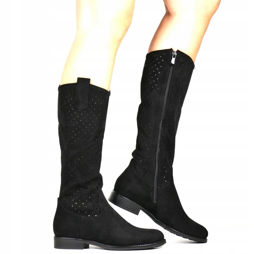 Ažurové kozačky Kozačky Plochá podrážka Děrované Černé Semiš Styl Boho