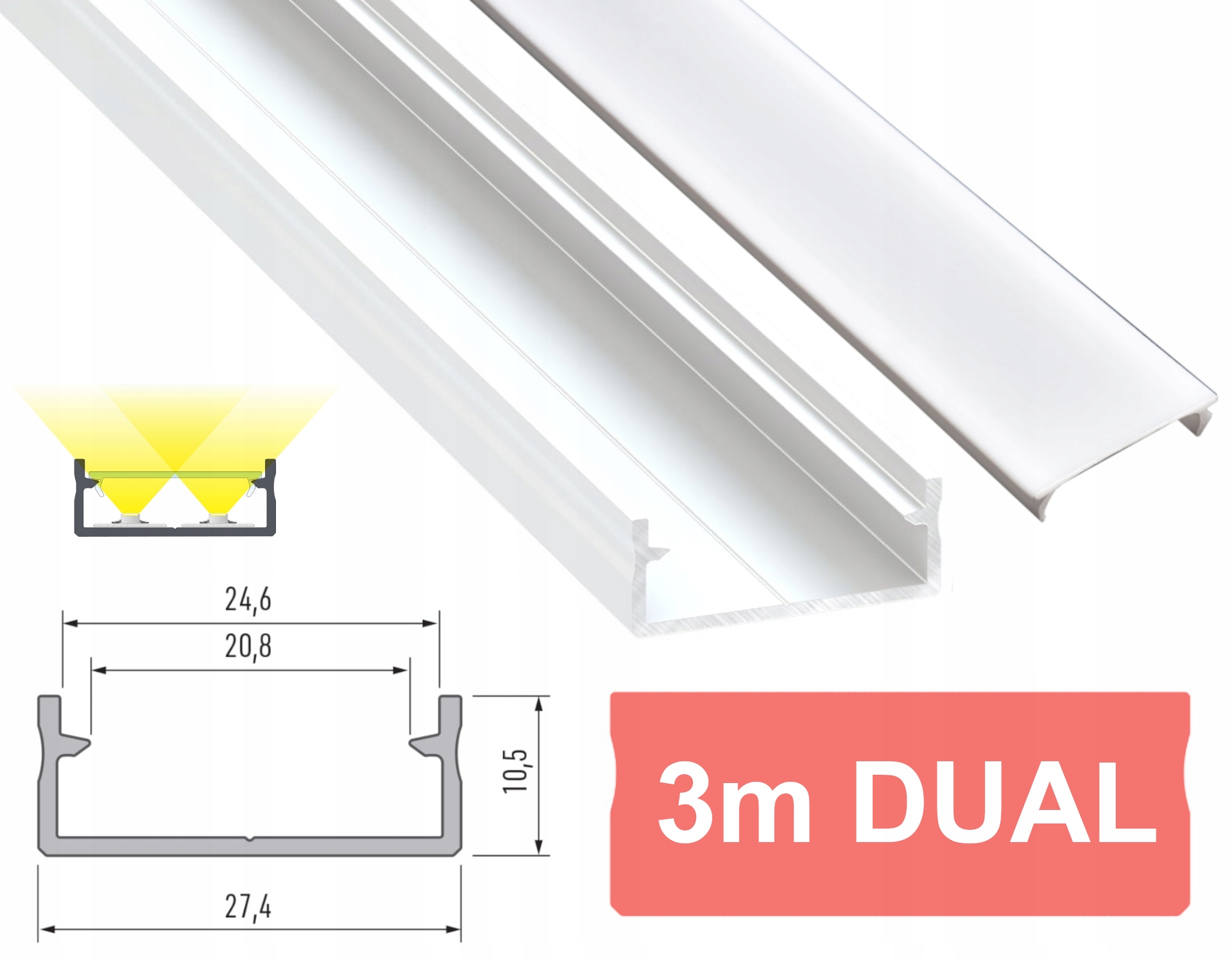 PROFIL LED DUAL 3m SZEROKI NA 2 TAŚMY LED BIAŁY 3M Z KLOSZEM PMMA