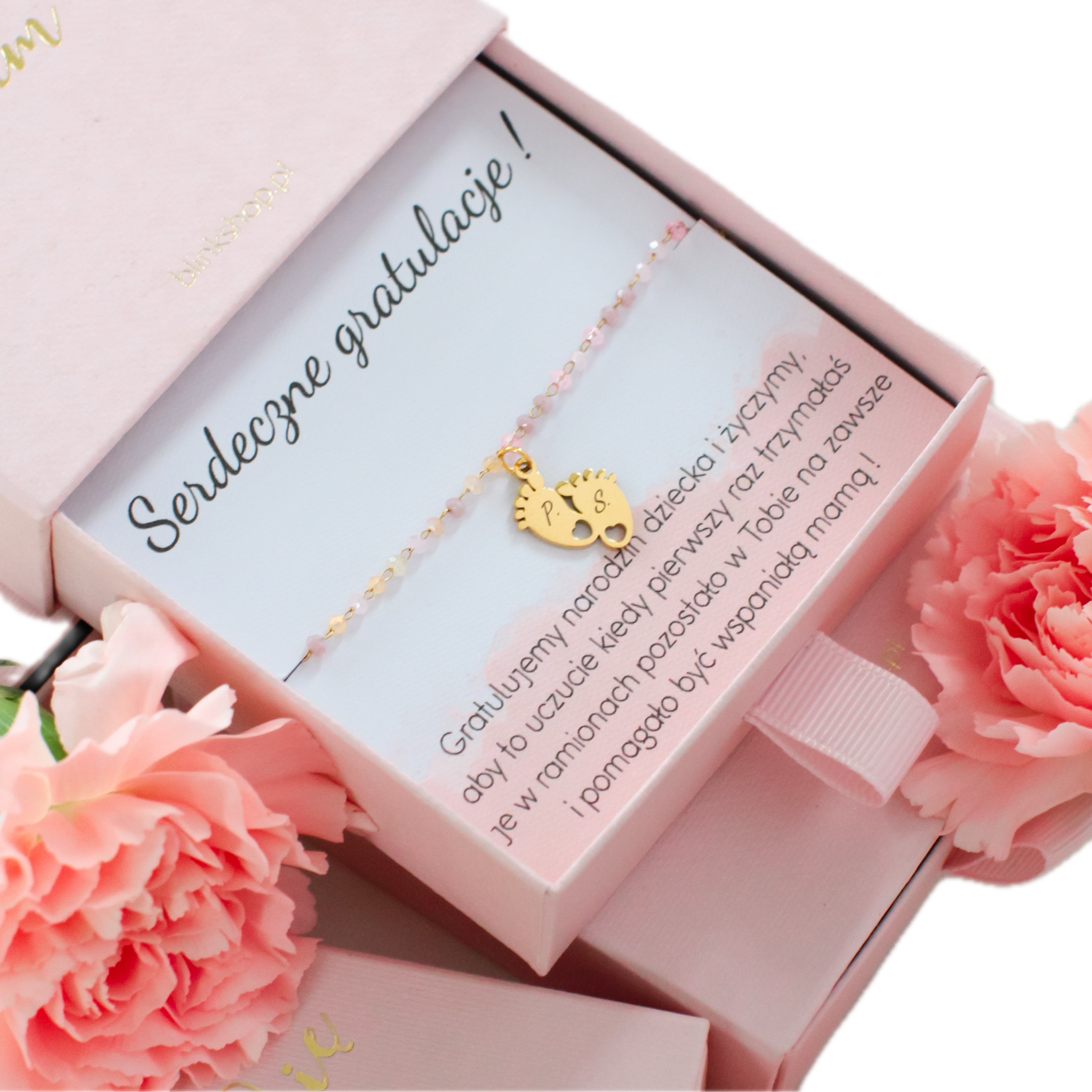 Bransoletka ze stali chirurgicznej złota z grawerem stópki dla mamy