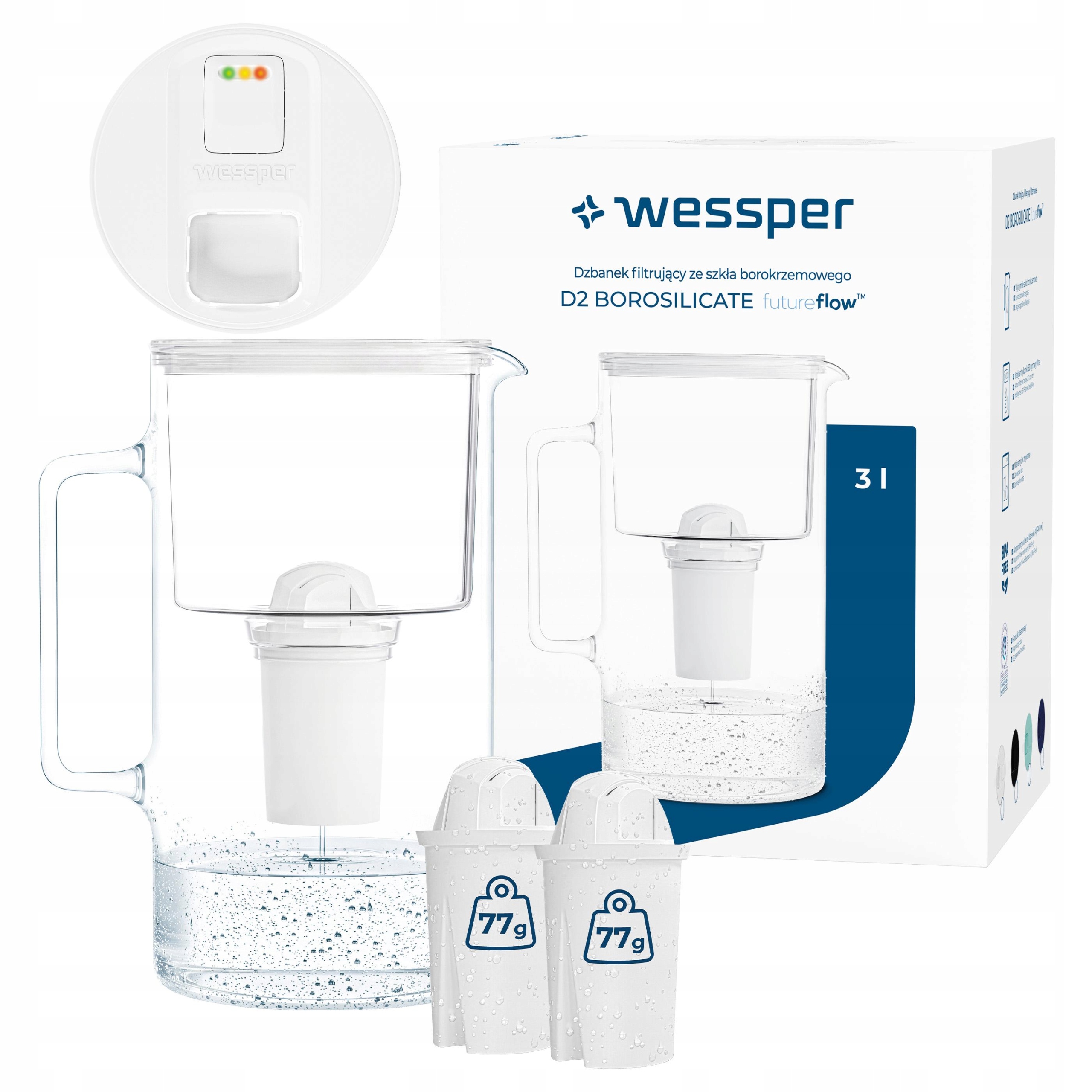 Szklany dzbanek filtrujący Wessper D2 Borosilicate futureflow 3l 3x filtr