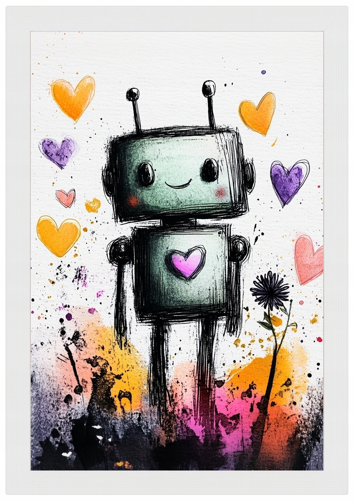 Rámeček Plakát , Dřevěná Grafika, Portrét, Robot, Android, Srdce, 40x60