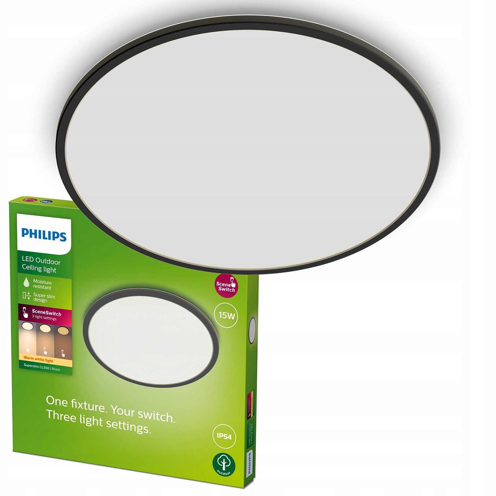 Záhradné svietidlo Stropné Svietidlo Led 15W 1300lm 2700K IP54 SceneSwitch Čierne Philips