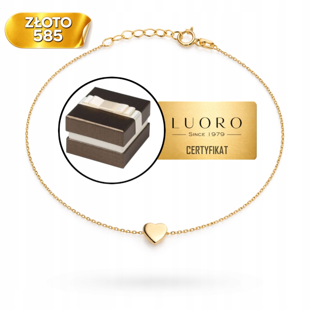 Náramek Zlatý 585 14K Srdce Žluté Zlato 17 CM 2 CM Nastavitelný
