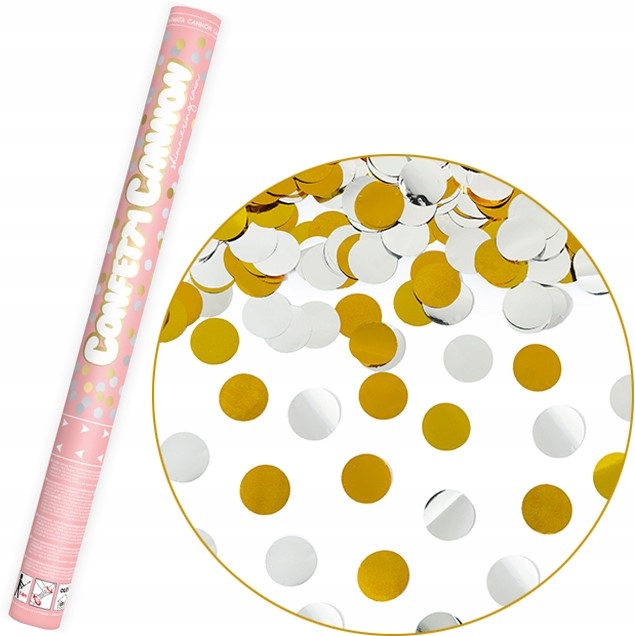 TUBA STRZELAJĄCA KONFETTI ZŁOTE SREBRNE KÓŁKA NA URODZINY ŚLUB WESELE 60 CM