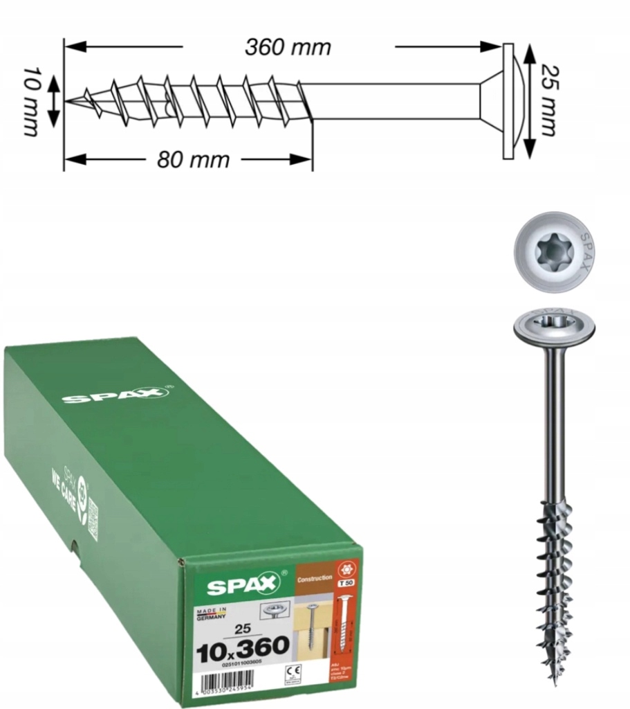 Univerzální vruty Wirox pro dřevěné konstrukce Spax 10 x 360 mm 25 ks