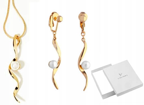 Sada zlatých šperků s perlou Náhrdelník Dlouhý přívěsek Klipsy Colibra