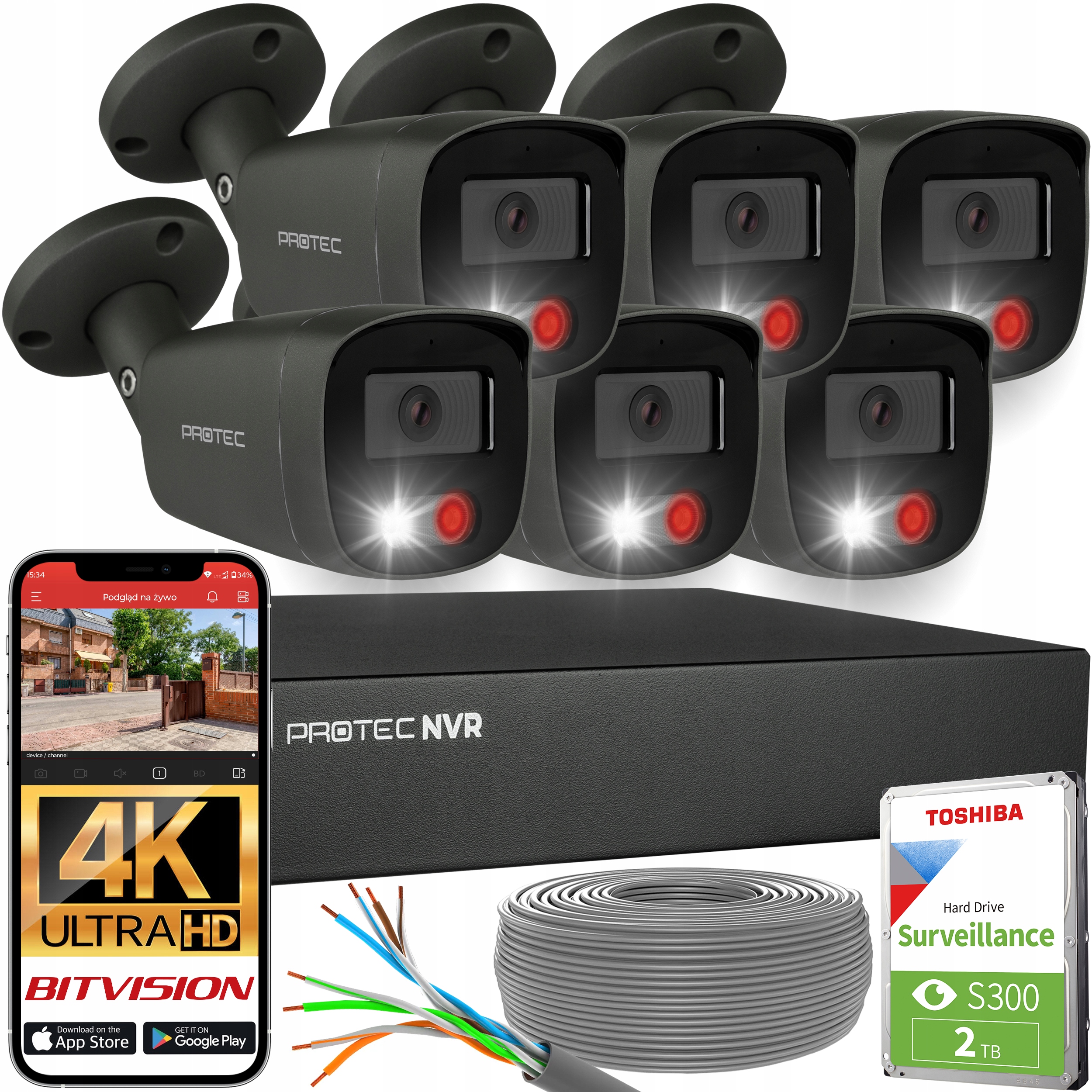 Zestaw do monitoringu 6 kamer Uhd 4K grafitowe Ip PoE inteligentna detekcja