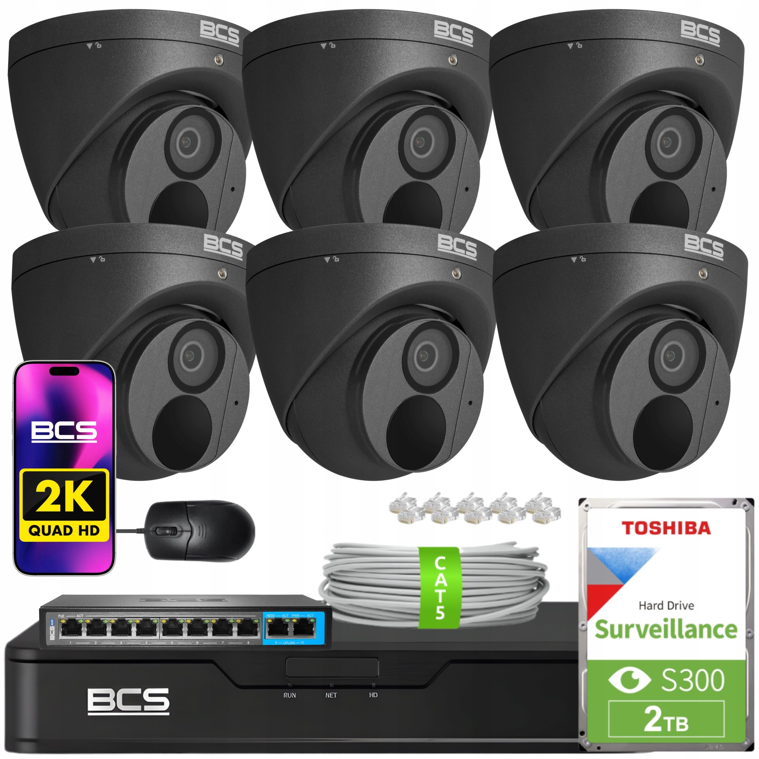 Zestaw Monitoringu 6X BCS-P-EIP28FWR3-AI2-G 8MPX IR30M IP67 Akcesoria Bcs
