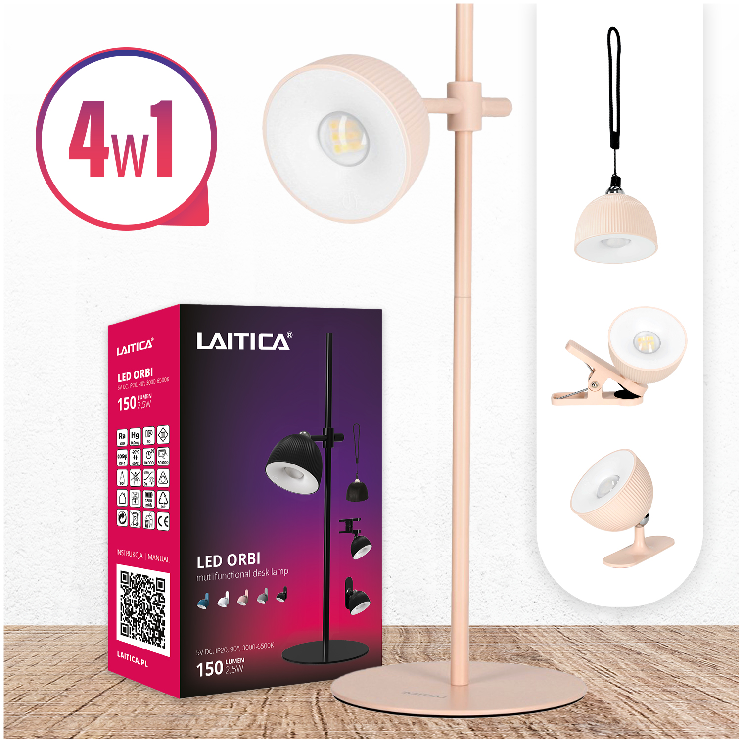 Bezdrátová Led stolní lampa Laitica Orbi Růžová Usb 4v1 Nastavitelná