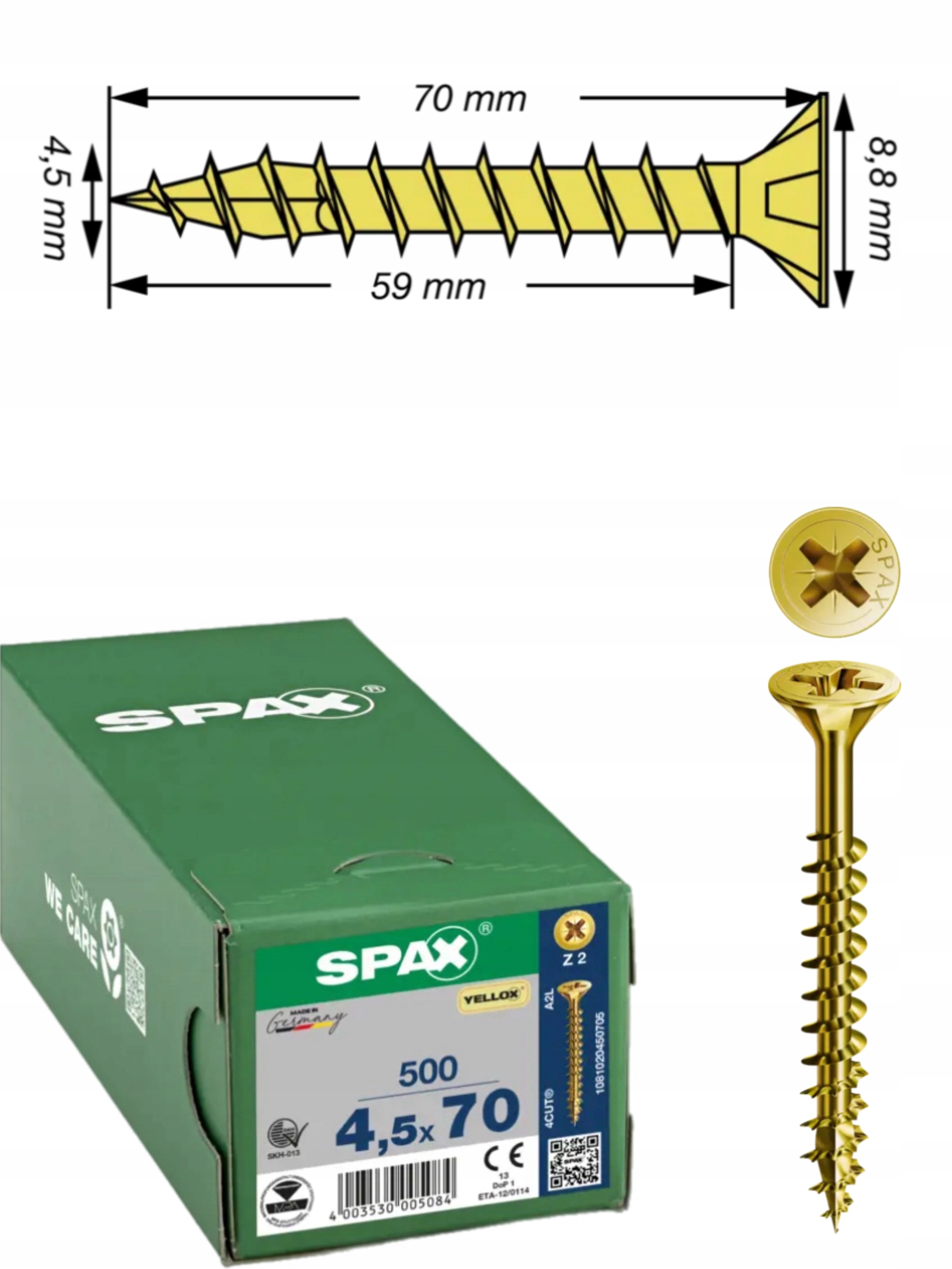 Univerzální šroub do dřeva (zlatý) Spax 4,5 x 70 mm Yello-x 500 ks