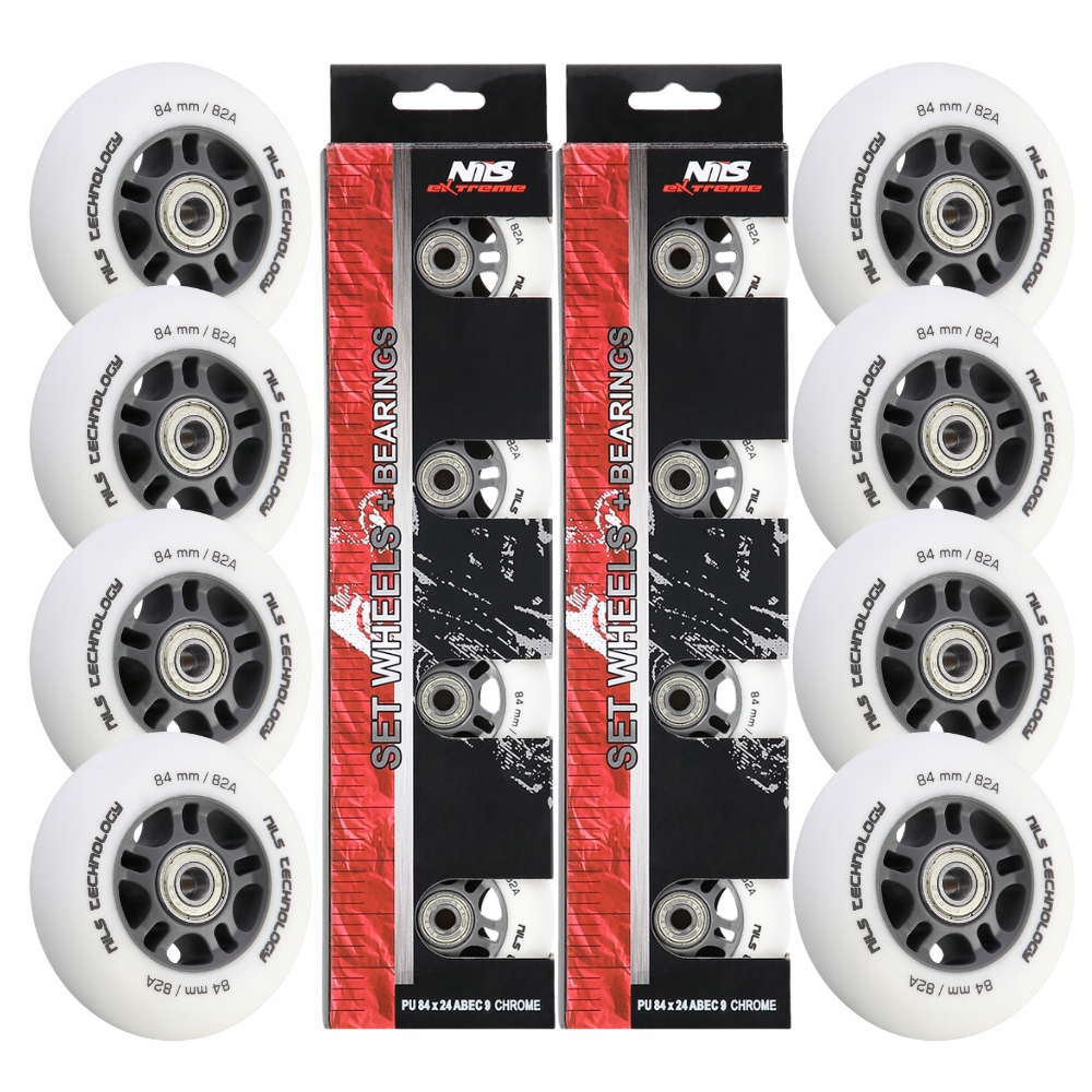 Kolečka pro kolečkové brusle Kaučuková 84 mm Sada Bílá 8 ks Ložiska ABEC-9