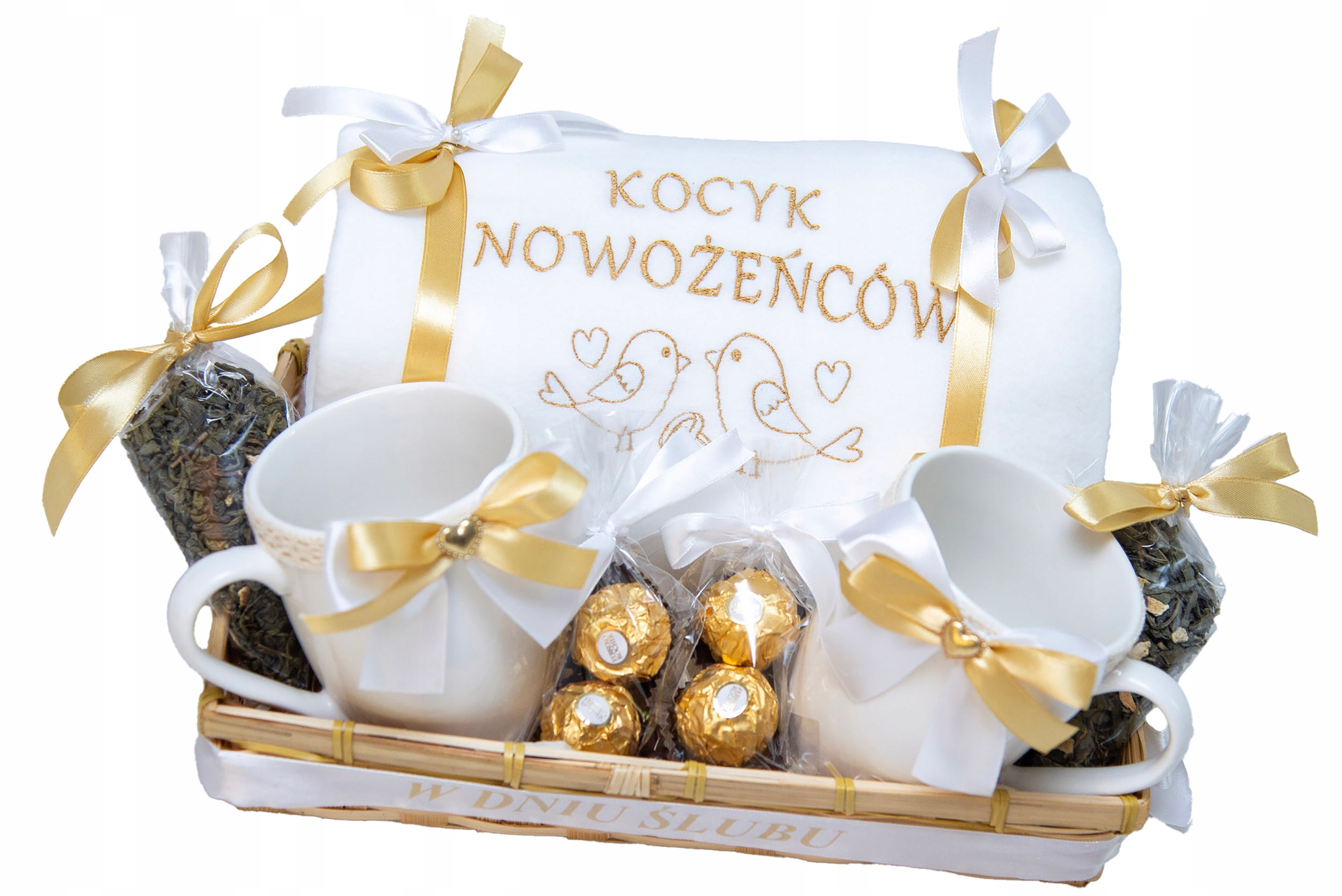 Ślubny Dla Młodej Pary Na Ślub Kosz Prezentowy Koc Z Haftem Kubki