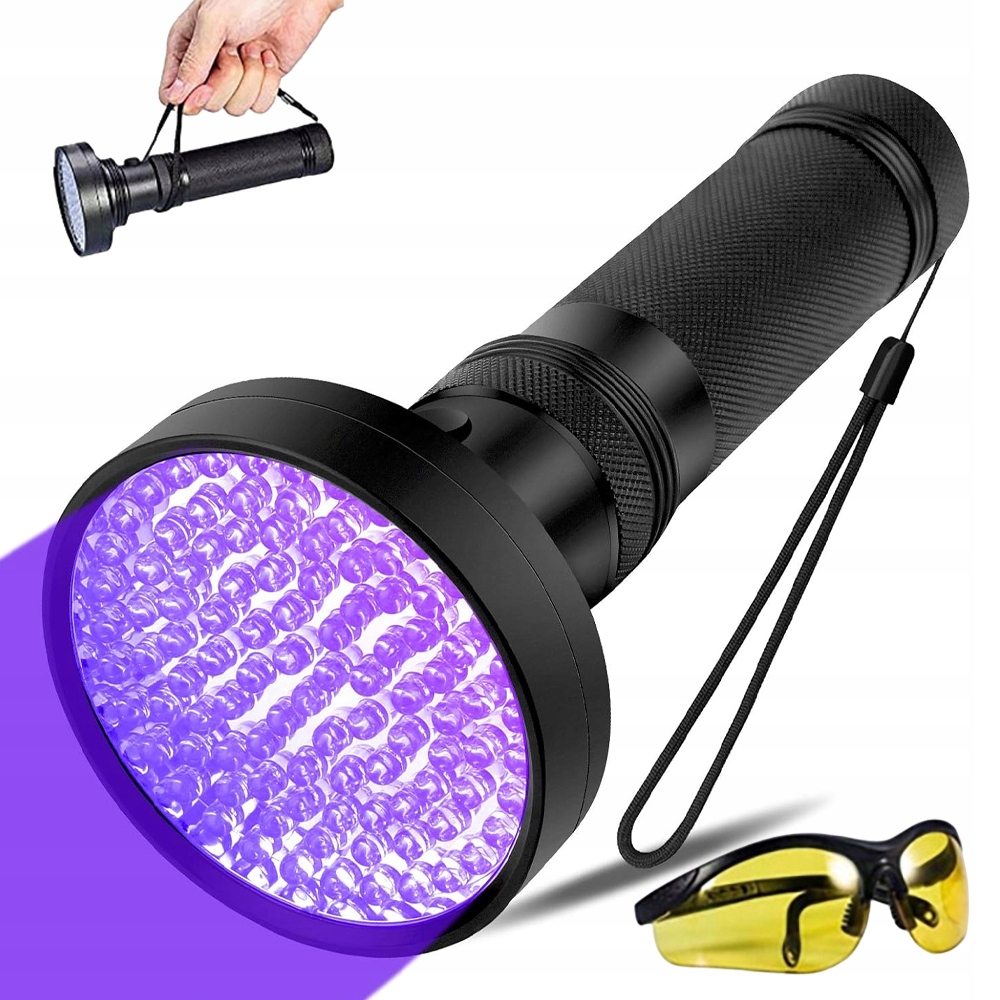 Latarka Uv 100LED 395NM Mocna Z Szkłami Ochronnymi Do Plam I Dokumentów
