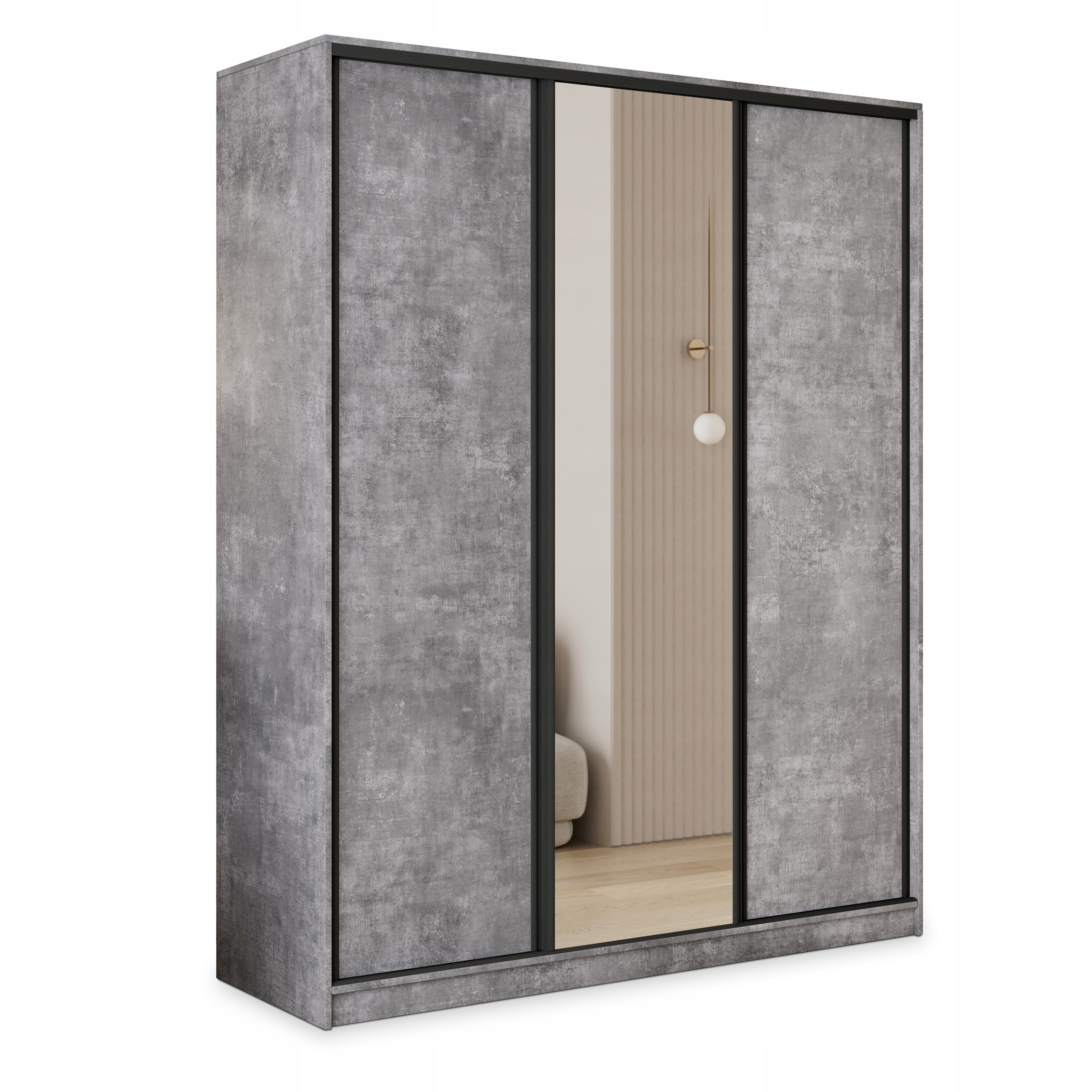 Skříň 160 cm se zásuvkami a zrcadlem, třídveřová, beton světlý