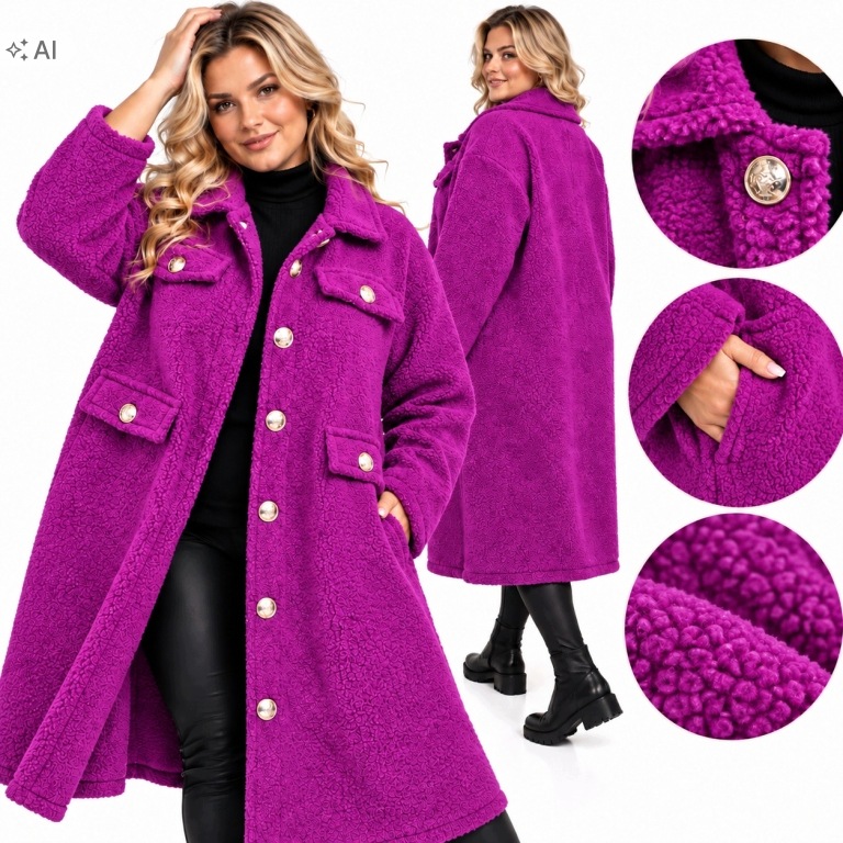 5627 Kabát beránek teddy fuchsiové ozdobné knoflíky 50 52 5XL 6XL