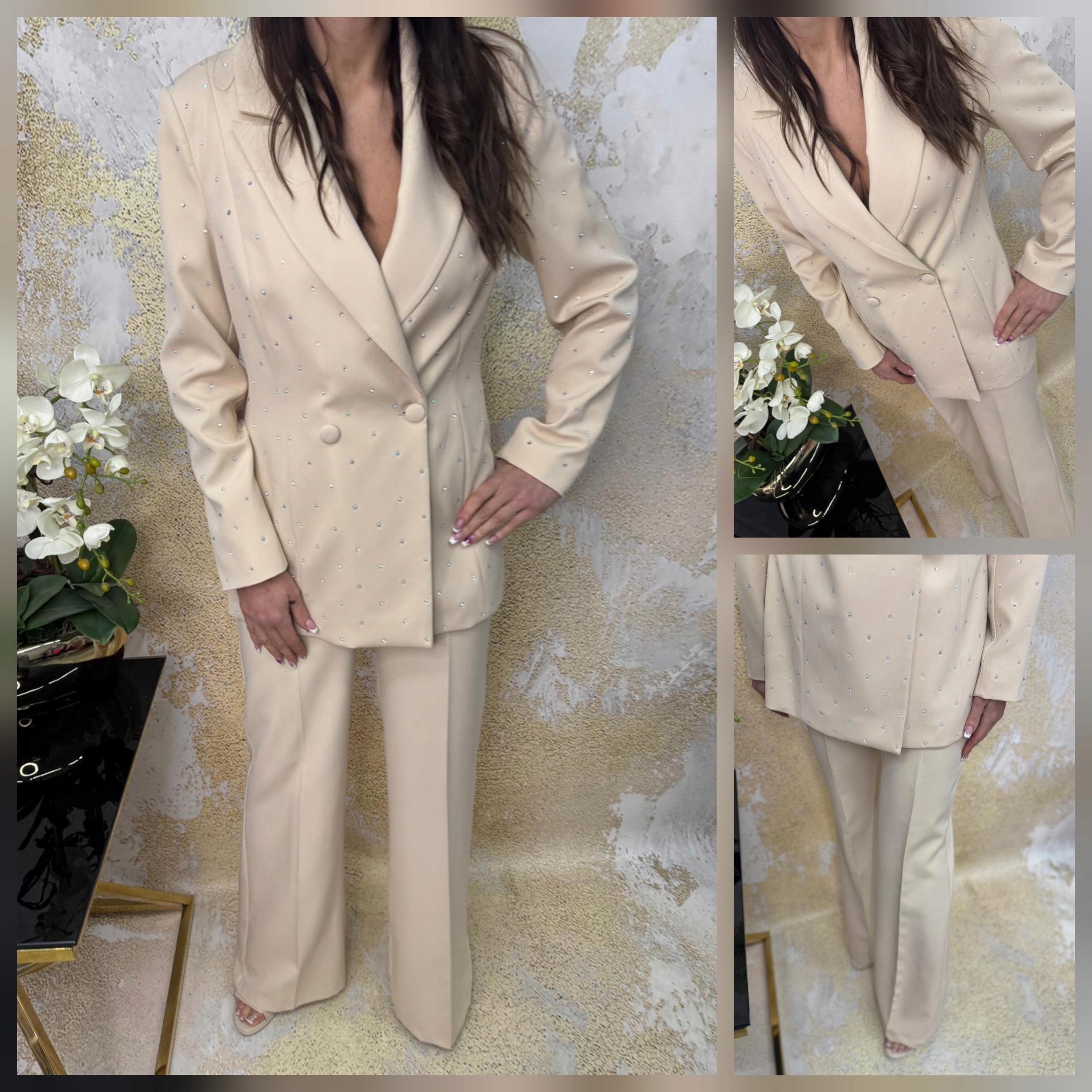 Béžový oblek s zirkony sako kalhoty vel 40 42 XL XXL