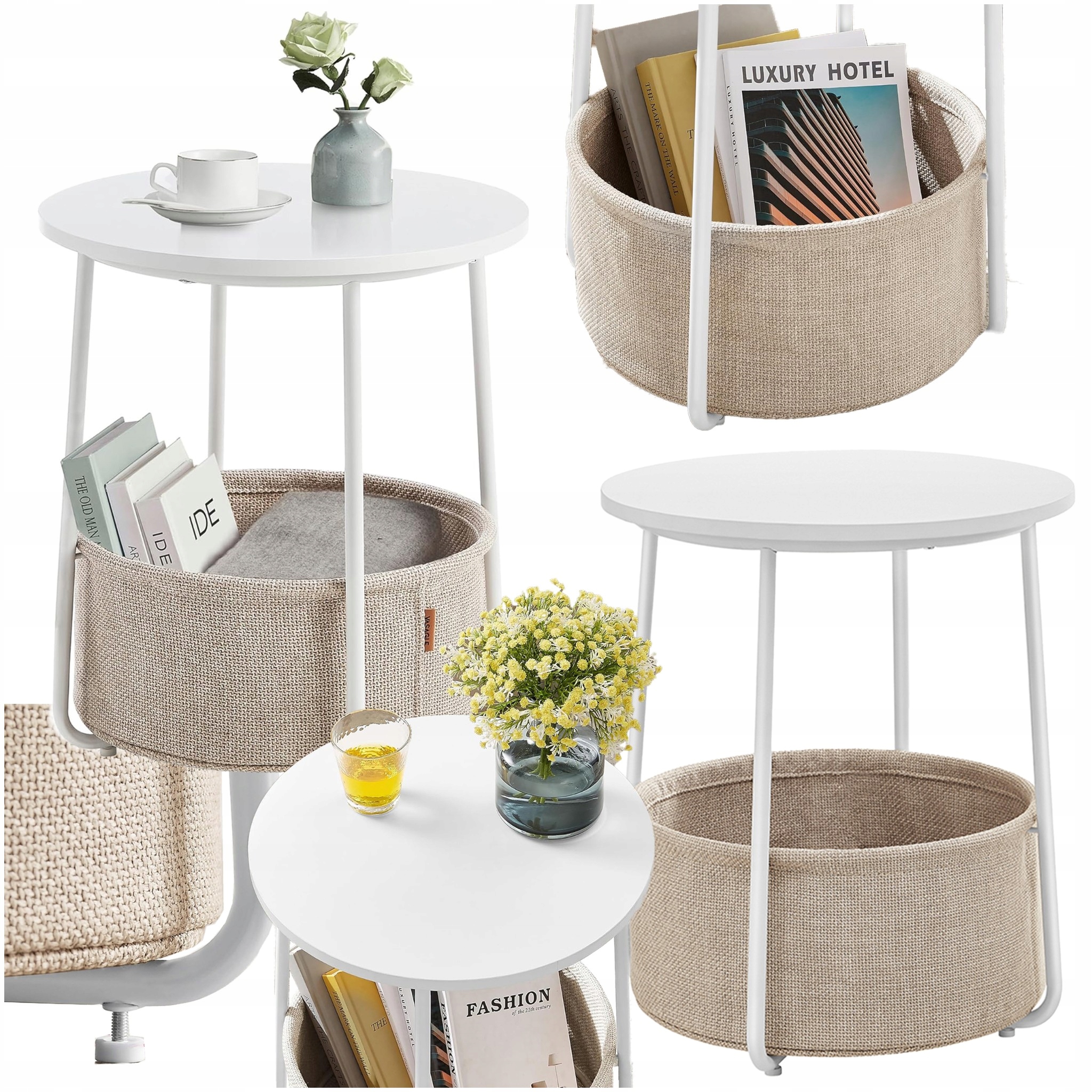Malý noční konferenční stolek Bílý kulatý boční s Košem Do Obývacího Pokoje loftová lavice