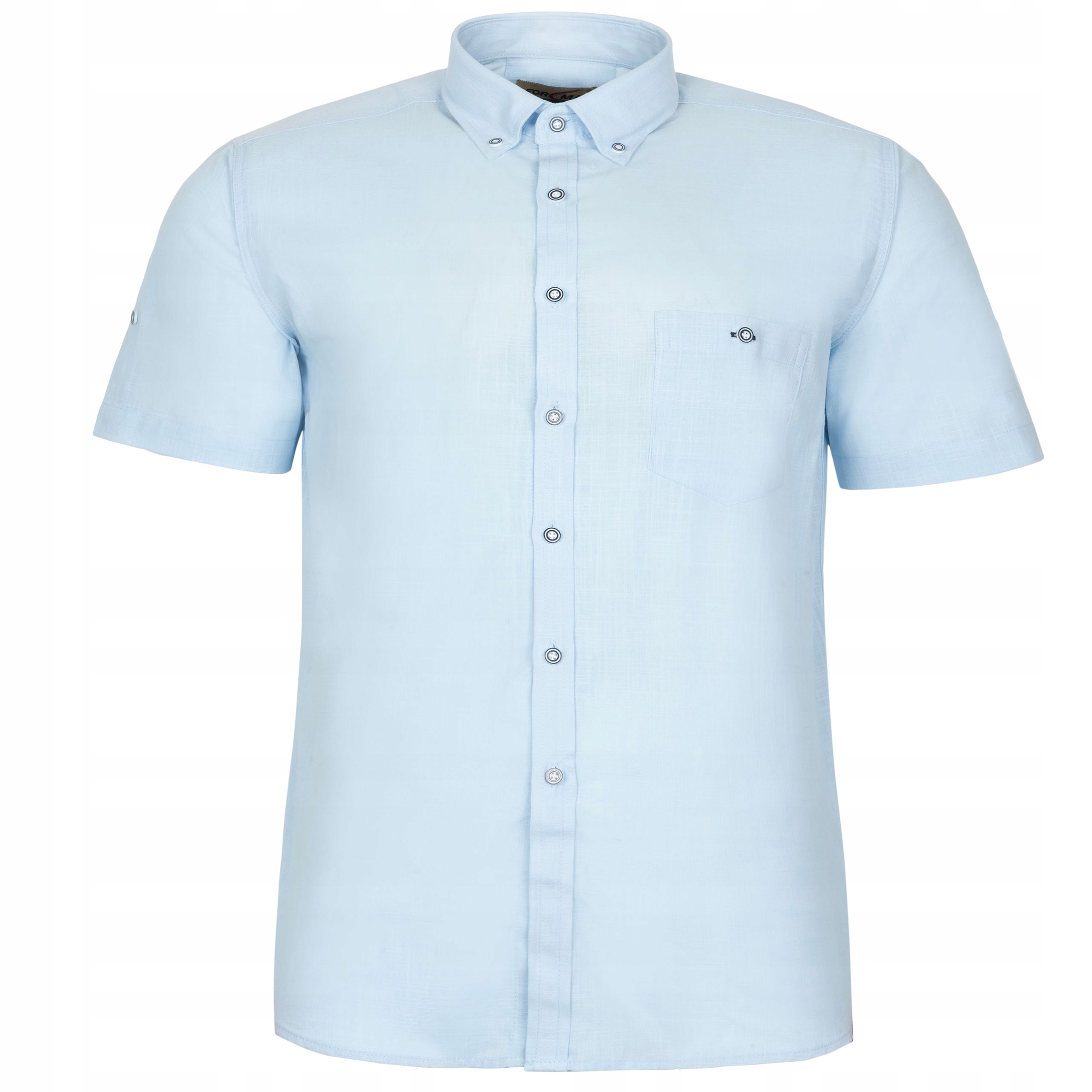 Duża Lniana Bawełniana Koszula Męska Błękitna Na Krótki Rękaw 4XL 47/48