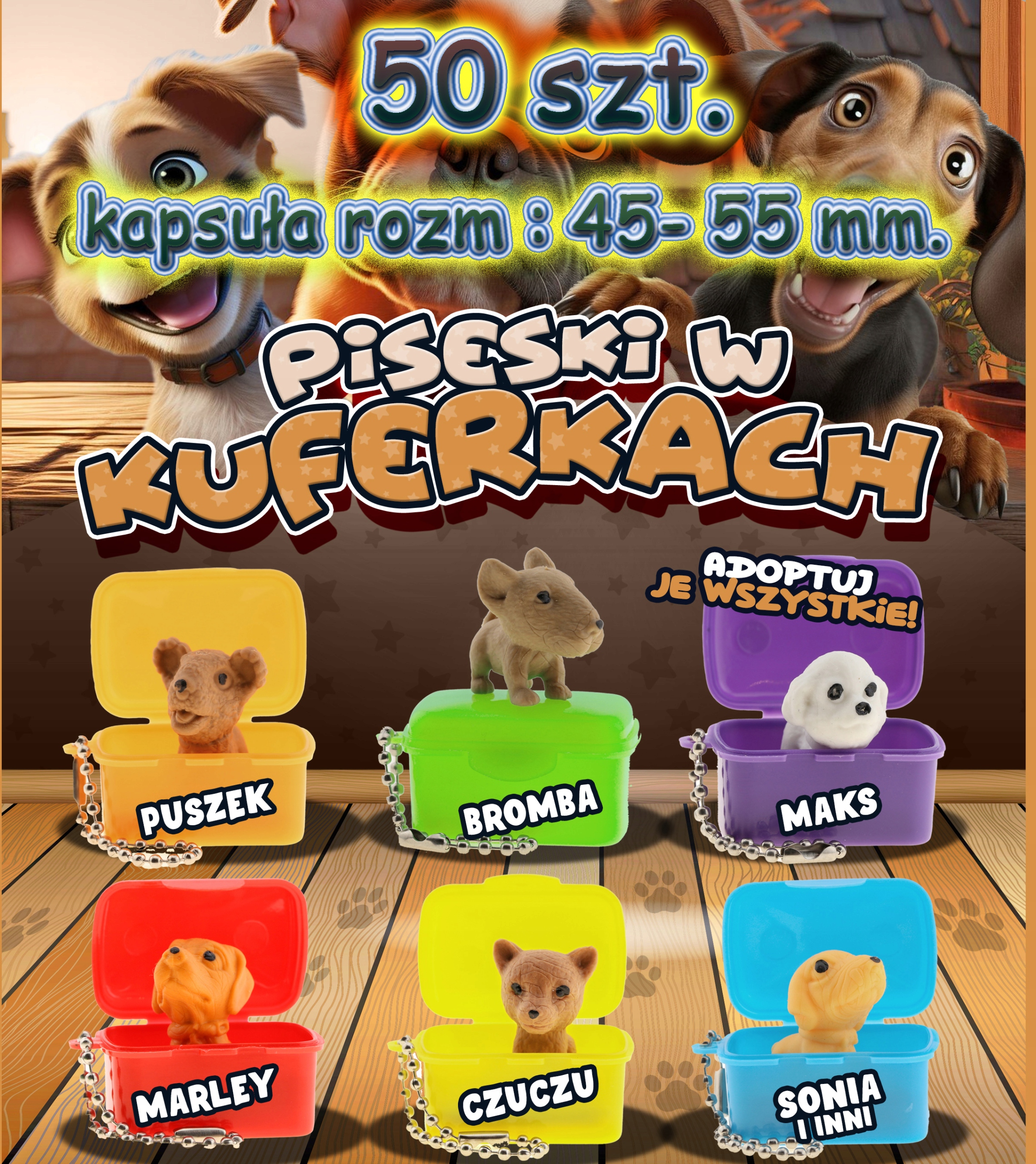 Zasyp do automatu w kapsule Pieski W Kuferkach 45-55mm piłka 50szt kulka