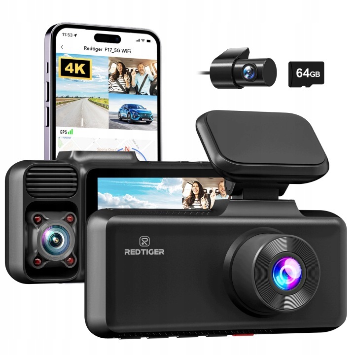 Redtiger F17 Wideorejestrator Kamera Samochodowa 4K Gps WiFi 3 kanały 64GB