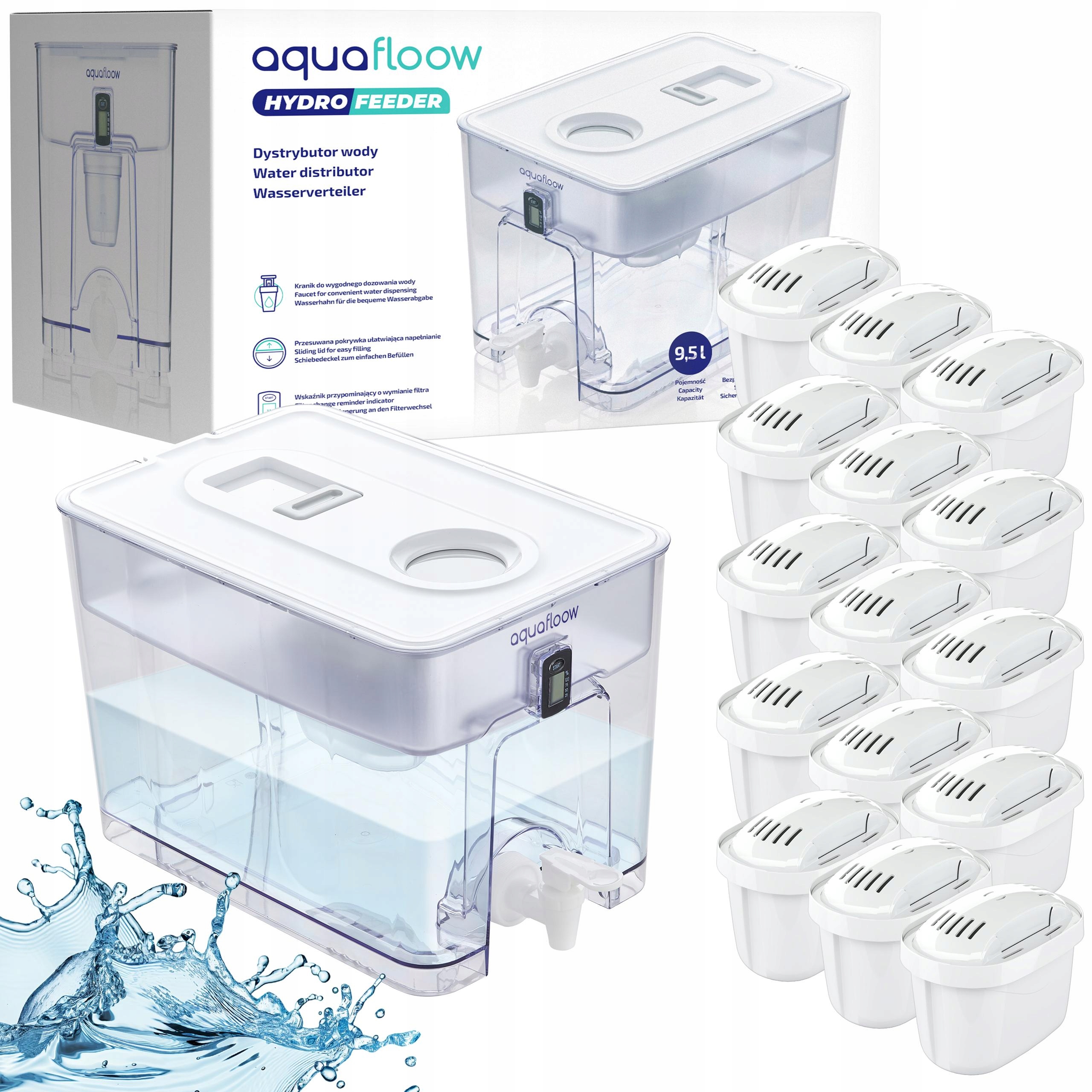 AquaFloow XL 9,5 l: filtračná kanvica na vodu, dávkovač vody 15x filter