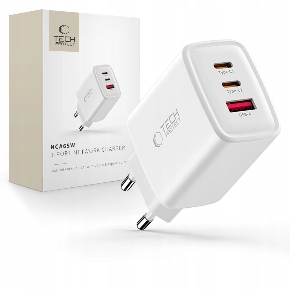 Ładowarka Tech-Protect NCA65W-GAN sieciowa 1x Usb-a 2x Usb-c 65W