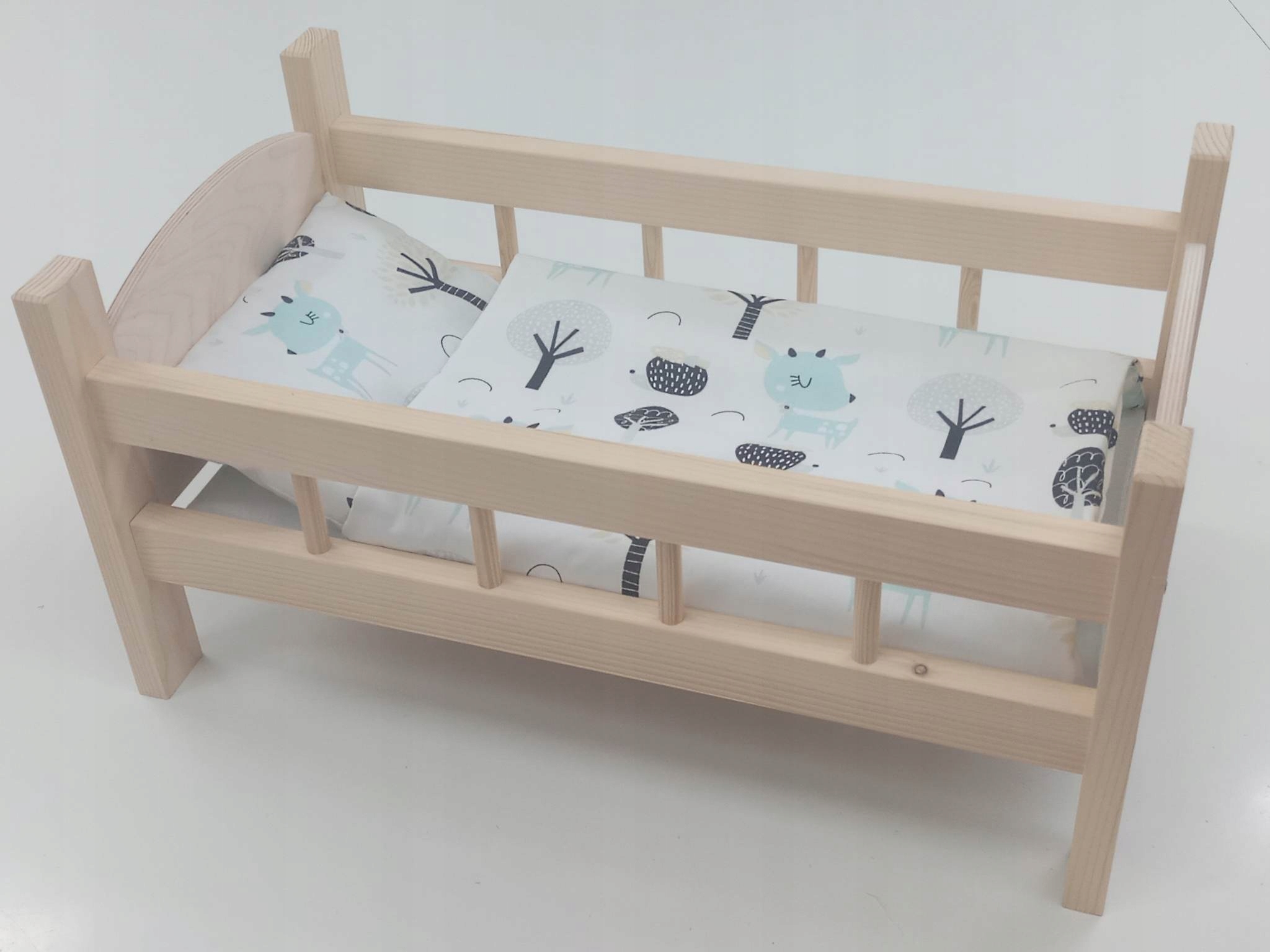 ŁÓŻECZKO DREWNIANE DUŻE dla lalek POŚCIEL 3 EL.