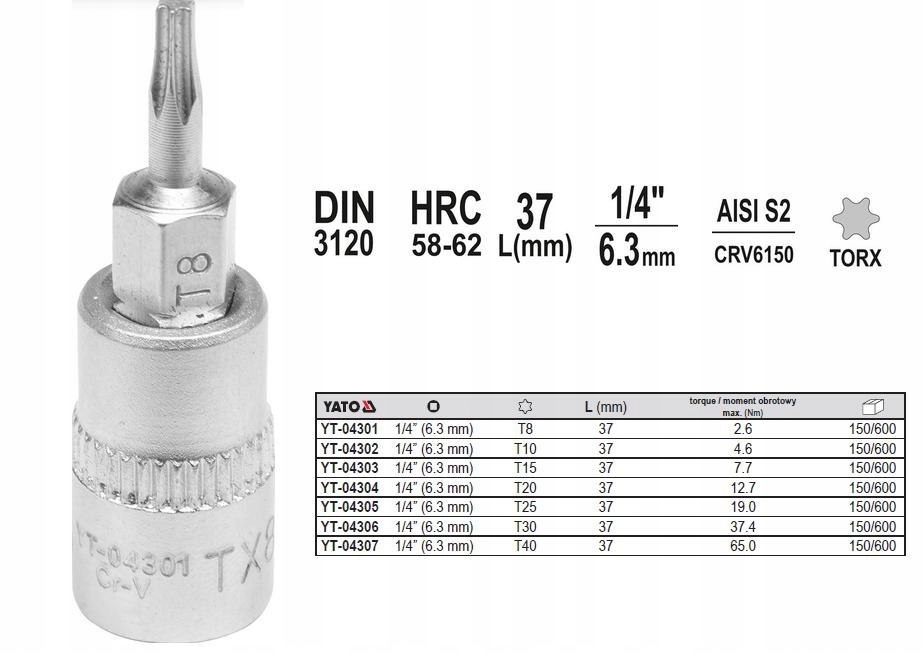 

Yato Klucz Trzpieniowy Torx 1/4" T20x37mm