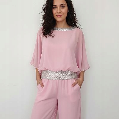 Elegantní letní šifonový komplet světle růžové barvy velikost XXL