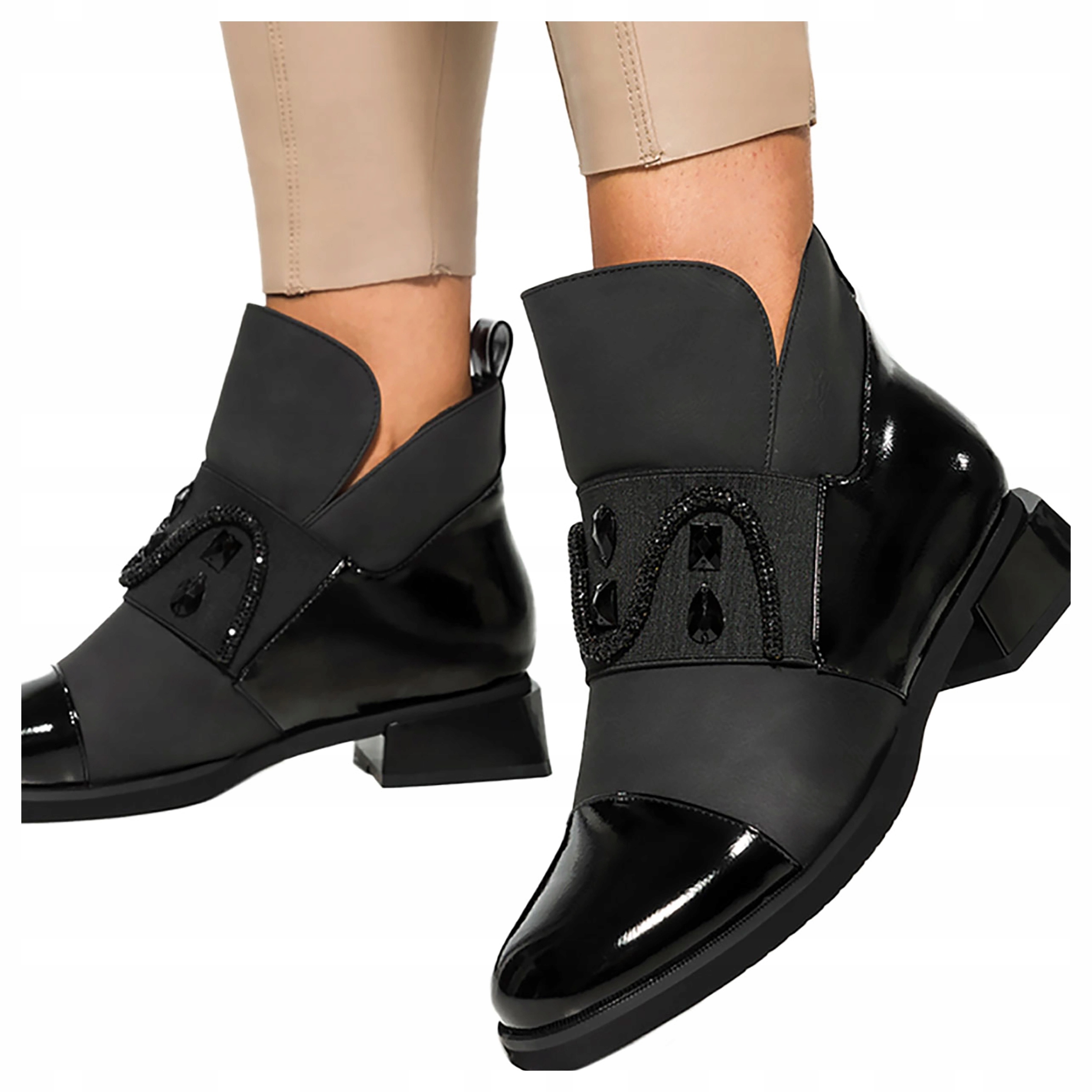 Černé Dámské Kotníkové Boty na ozdobném bloku Módní guma s krystaly, velikost 38