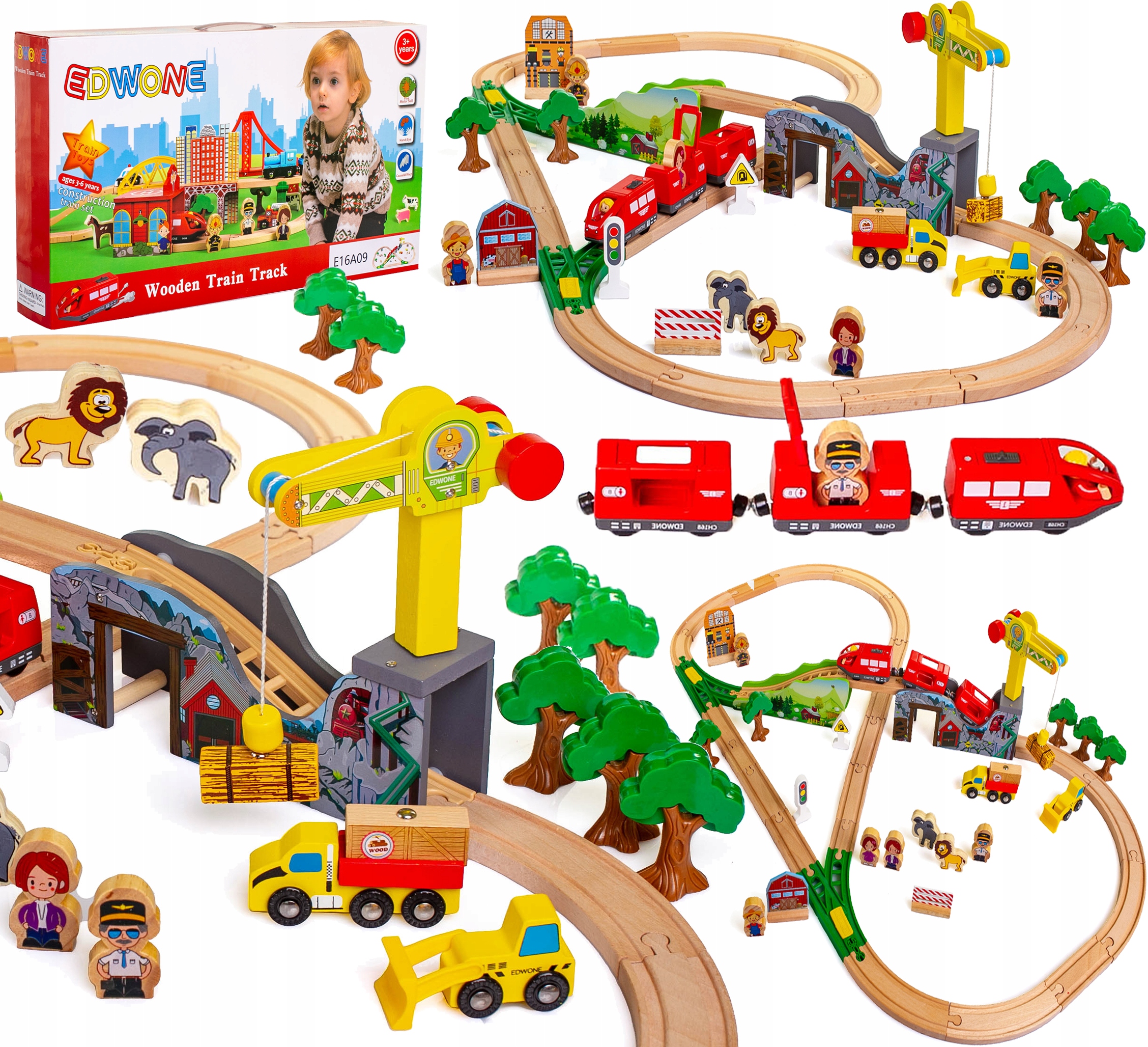 DUŻA DREWNIANA KOLEJKA ELEKTRYCZNA POCIĄG NA BATERIE TOR WAGONY DŹWIG