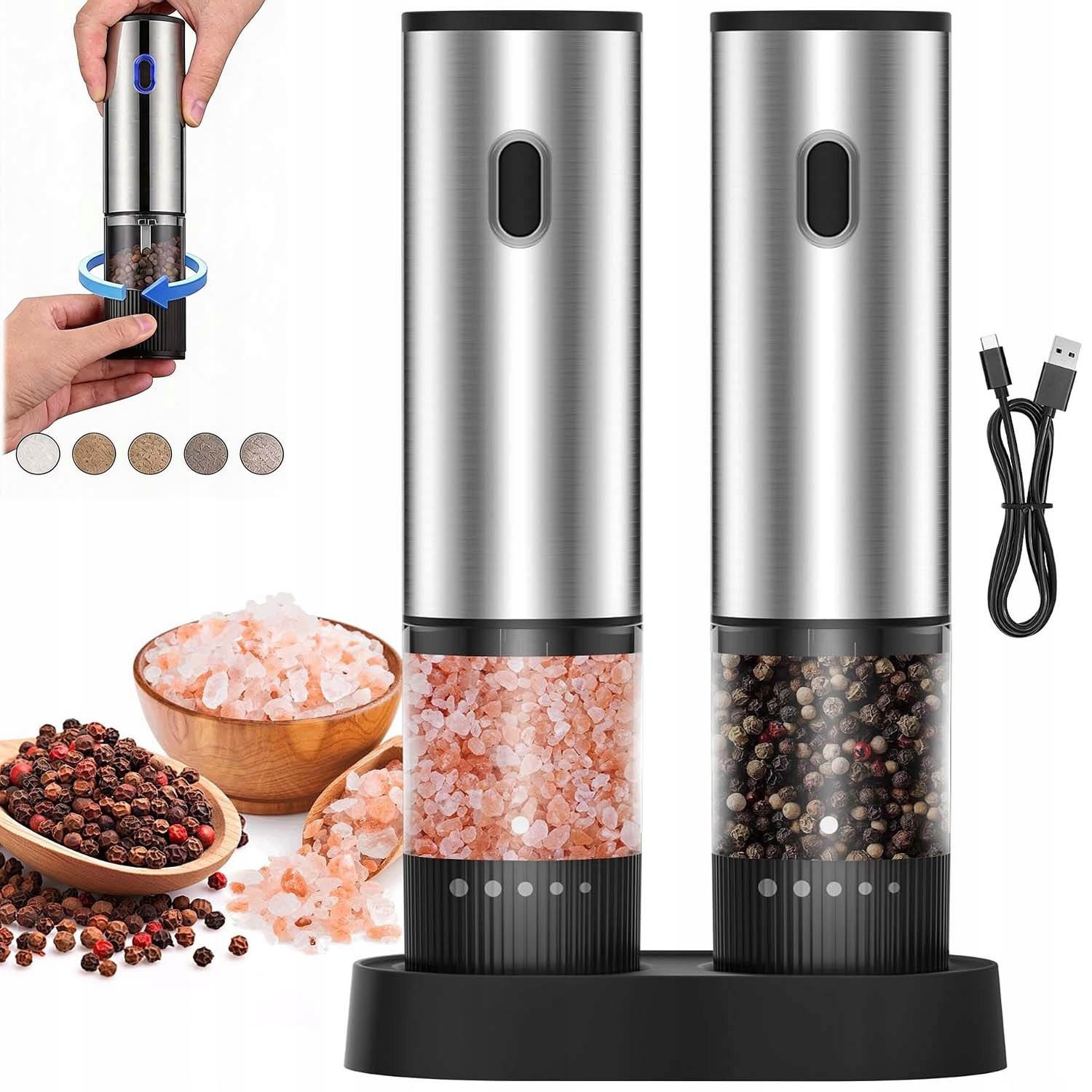 Elektrický Mlýnek Na Pepř, Sůl, Sada 2 Kusů, Automatický, 60 ML