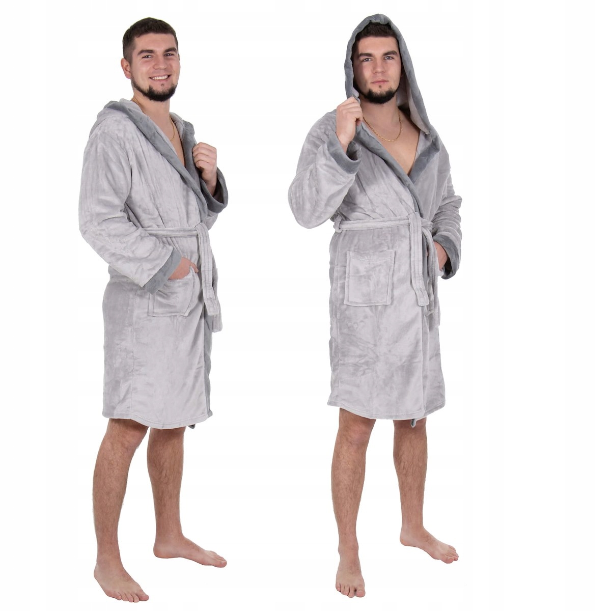 SZLAFROK MĘSKI SZARY CIEPŁY DŁUGI JAKOŚĆ ELEGANCKI Z KAPTUREM R.M/L Długość rękawa 60 cm