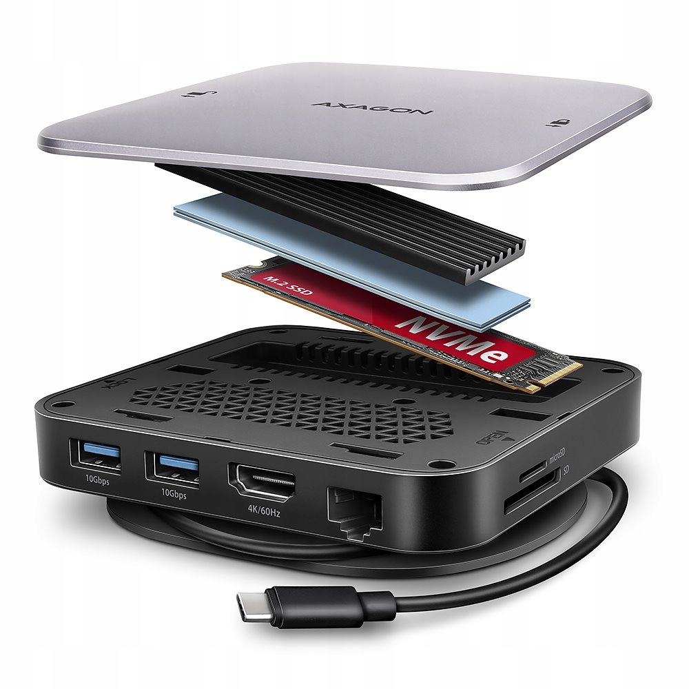 Axagon Hmc-ufo, Usb 10Gbps hub, 2x Usb-a, Usb-c, Hdmi 4k/60, RJ-45, M.2…